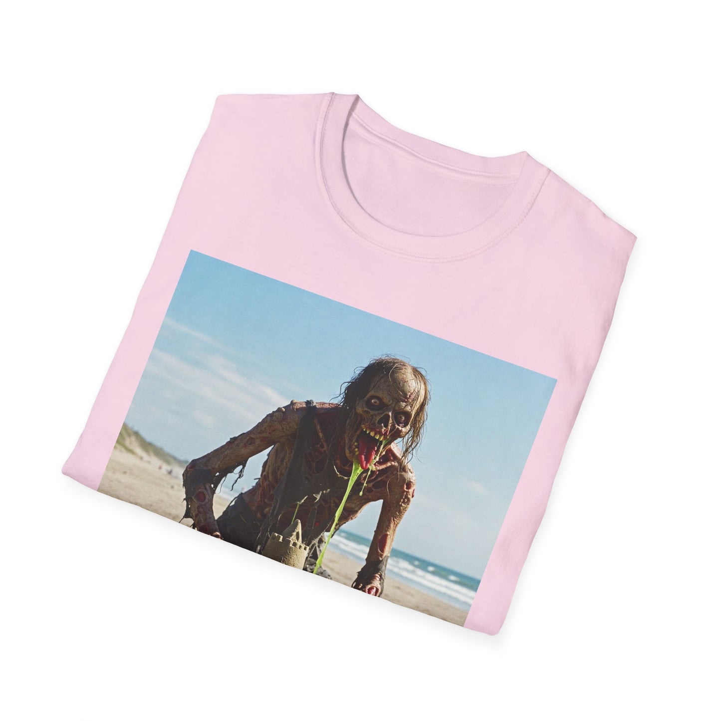 Zombie Sandcastle Unisex Softstyle T-Shirt | Fun Beach Horror Tee