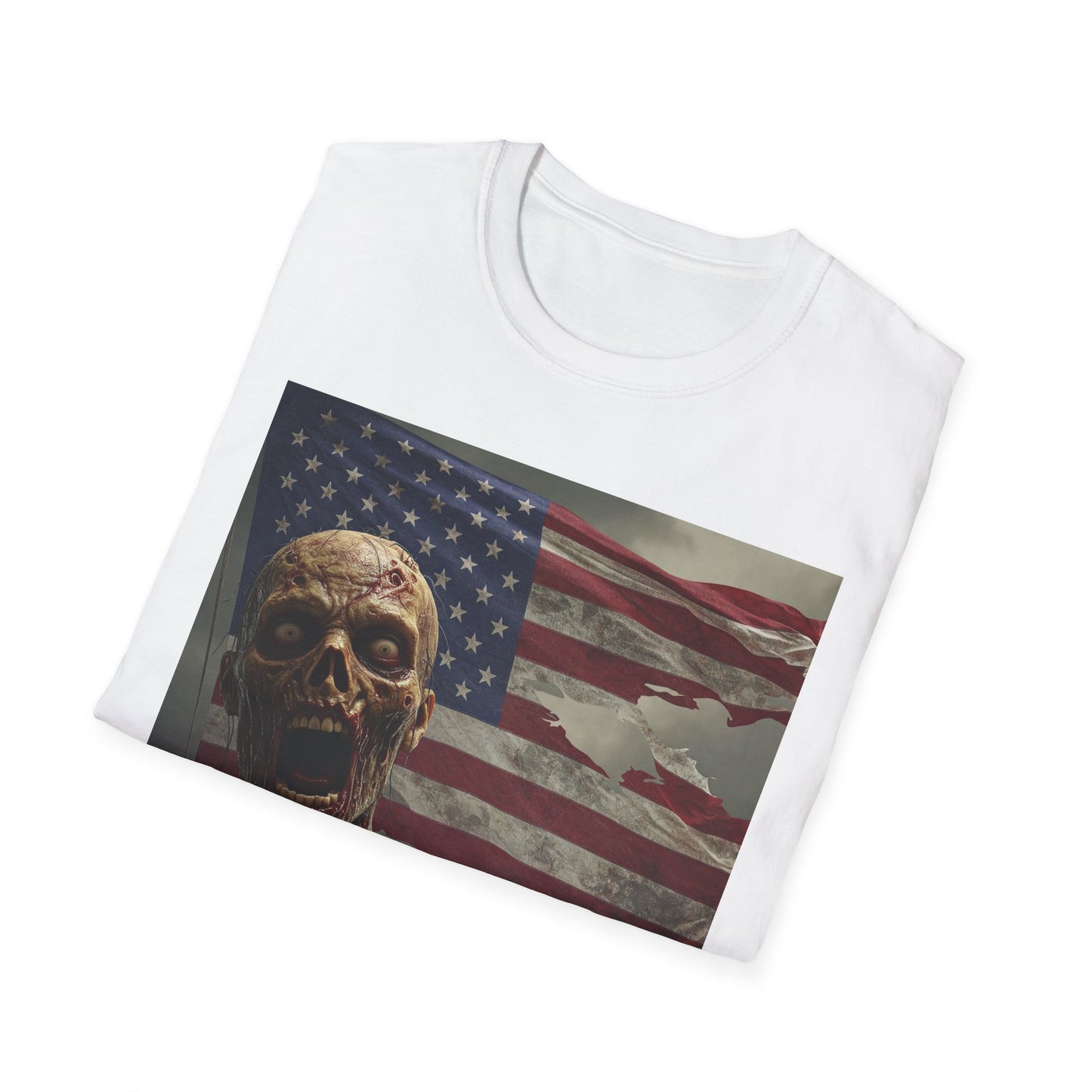 Zombie American Flag Apocalyptic Portrait Tee, bold, decaying zombie graphic