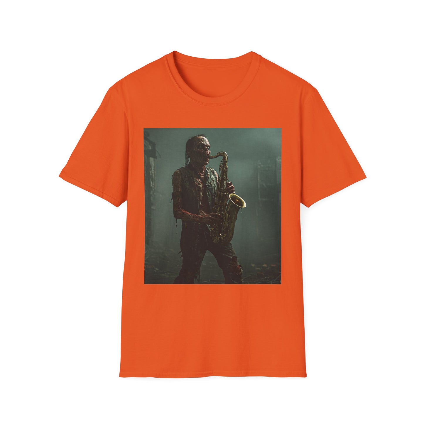 Zombie Jazz Musician Apocalyptic Portrait Tee, bold, decaying zombie graphic