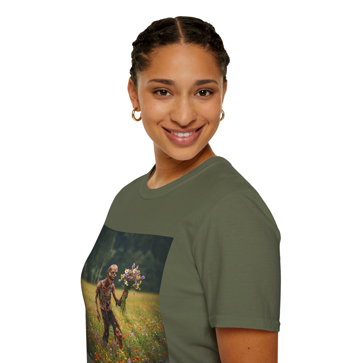 Zombie in Bloom Unisex Softstyle T-Shirt – Perfect for Halloween and Unique Gift Ideas