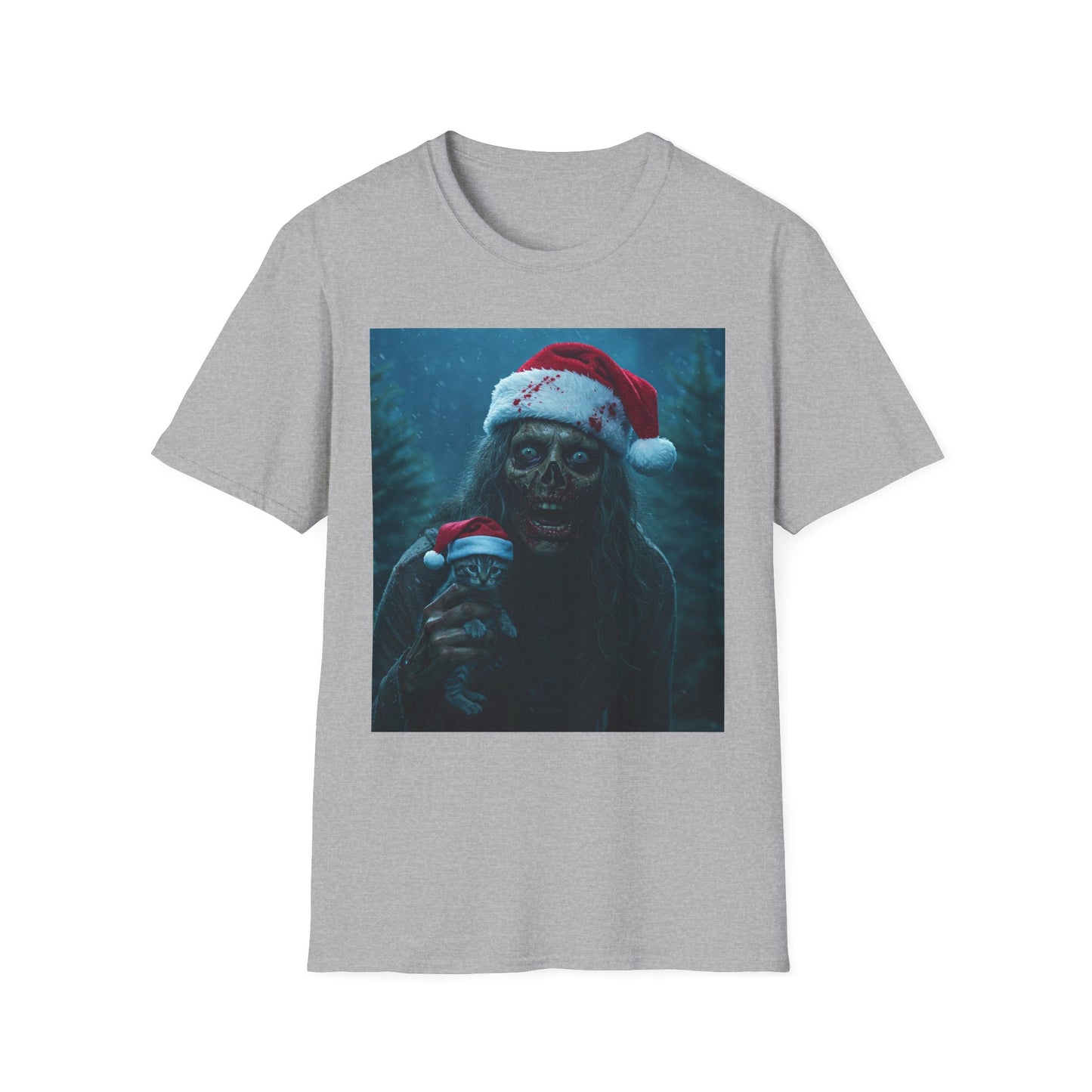 Spooky Christmas Apocalyptic Portrait Tee, bold, decaying zombie graphic cat