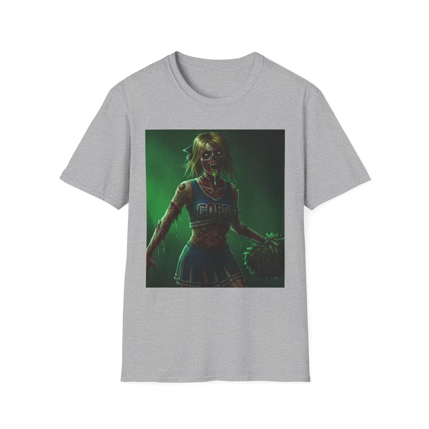 Zombie Cheerleader Apocalyptic Portrait Tee, bold, decaying zombie graphic