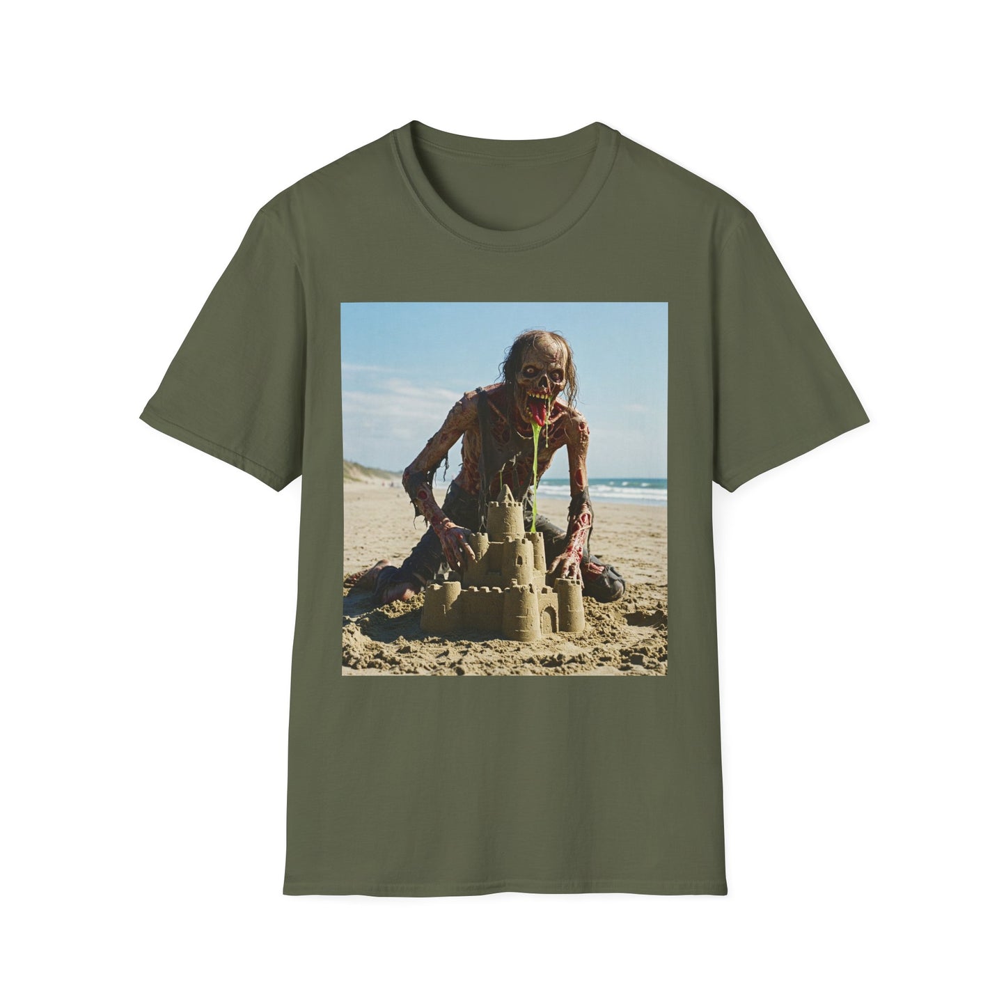 Zombie Sandcastle Unisex Softstyle T-Shirt | Fun Beach Horror Tee