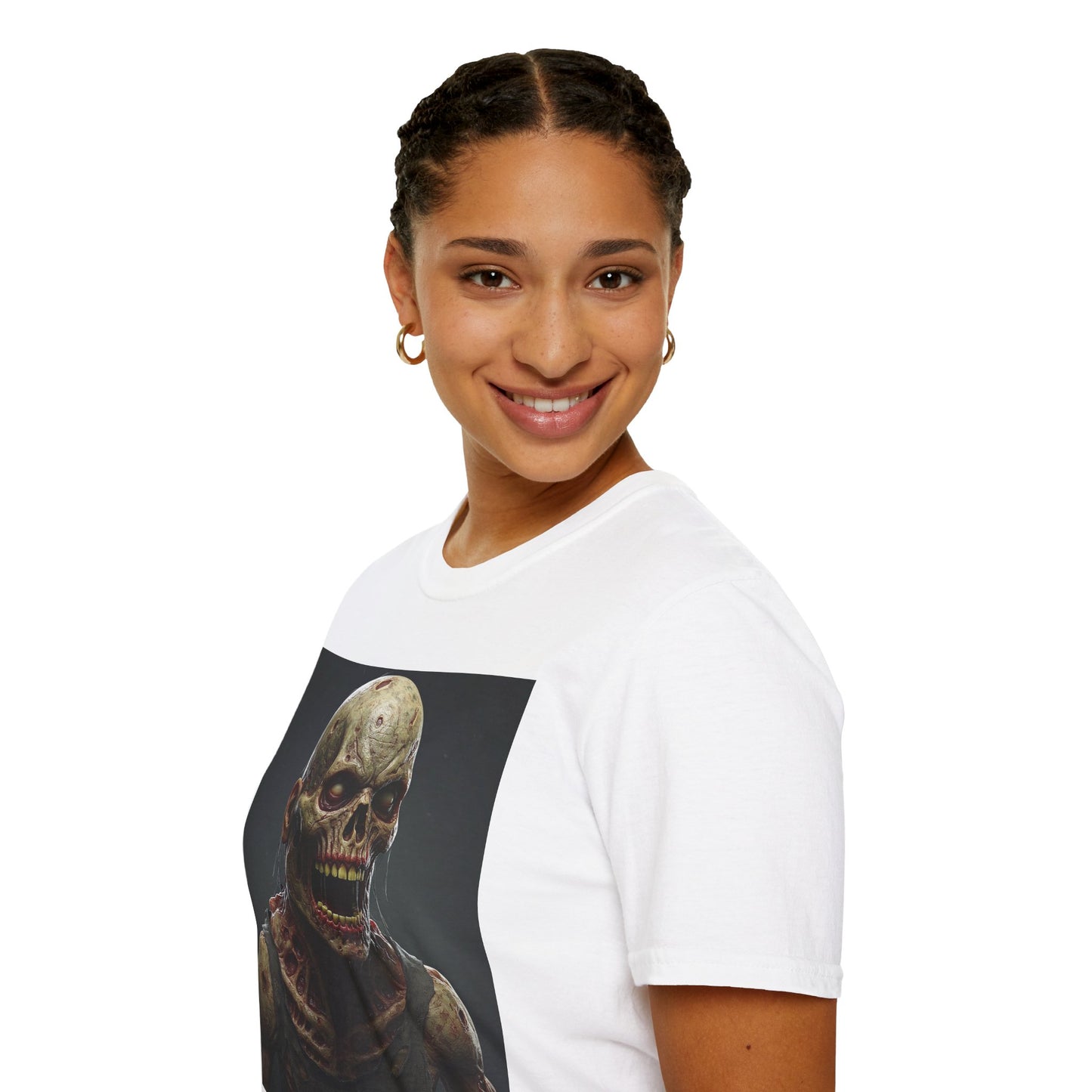 Unisex Softstyle T-Shirt with Creepy Zombie Graphic - Perfect for Halloween and Horror Fans