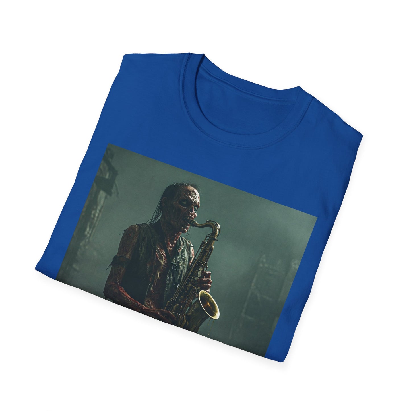 Zombie Jazz Musician Apocalyptic Portrait Tee, bold, decaying zombie graphic