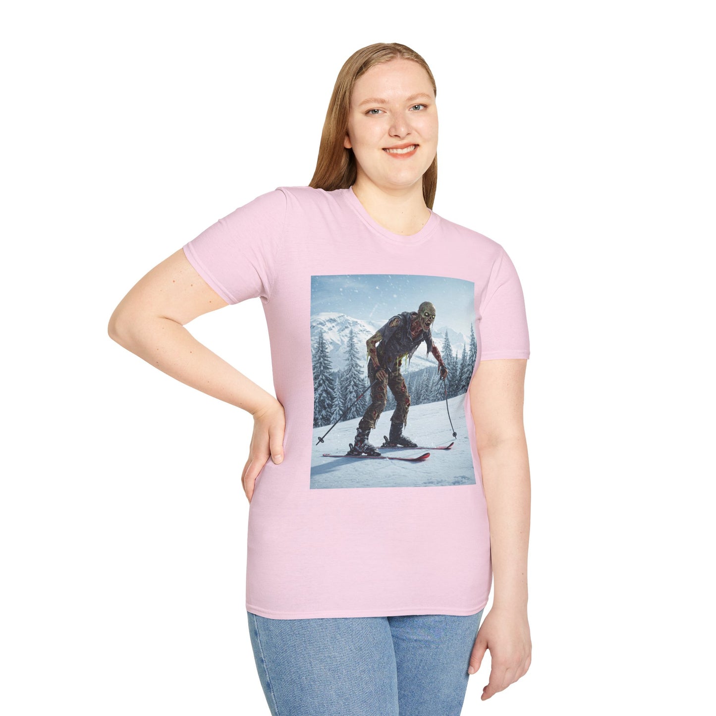 Skiing Zombie Unisex Softstyle T-Shirt - Perfect for Winter Fun & Halloween Enthusiasts