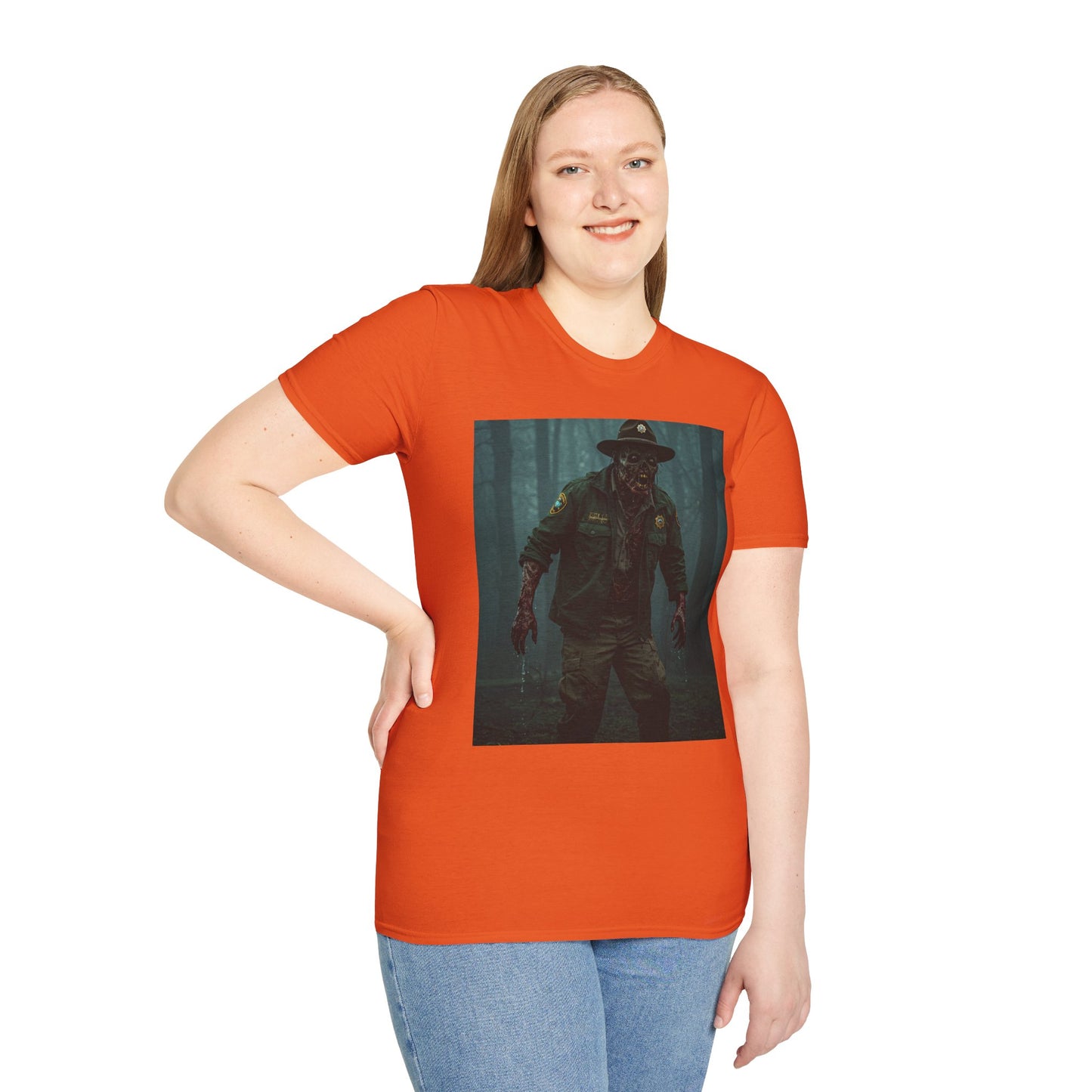 Creepy Forest Ranger Unisex Softstyle T-Shirt - Perfect for Halloween & Horror Fans