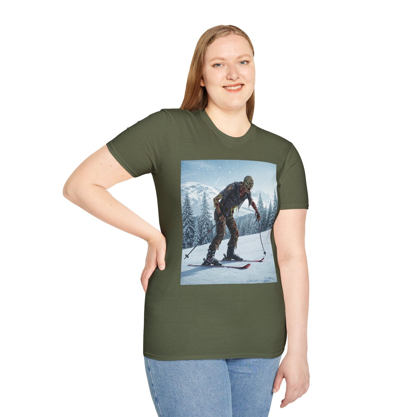 Skiing Zombie Unisex Softstyle T-Shirt - Perfect for Winter Fun & Halloween Enthusiasts