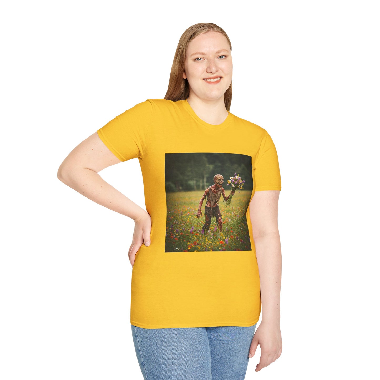 Zombie in Bloom Unisex Softstyle T-Shirt – Perfect for Halloween and Unique Gift Ideas