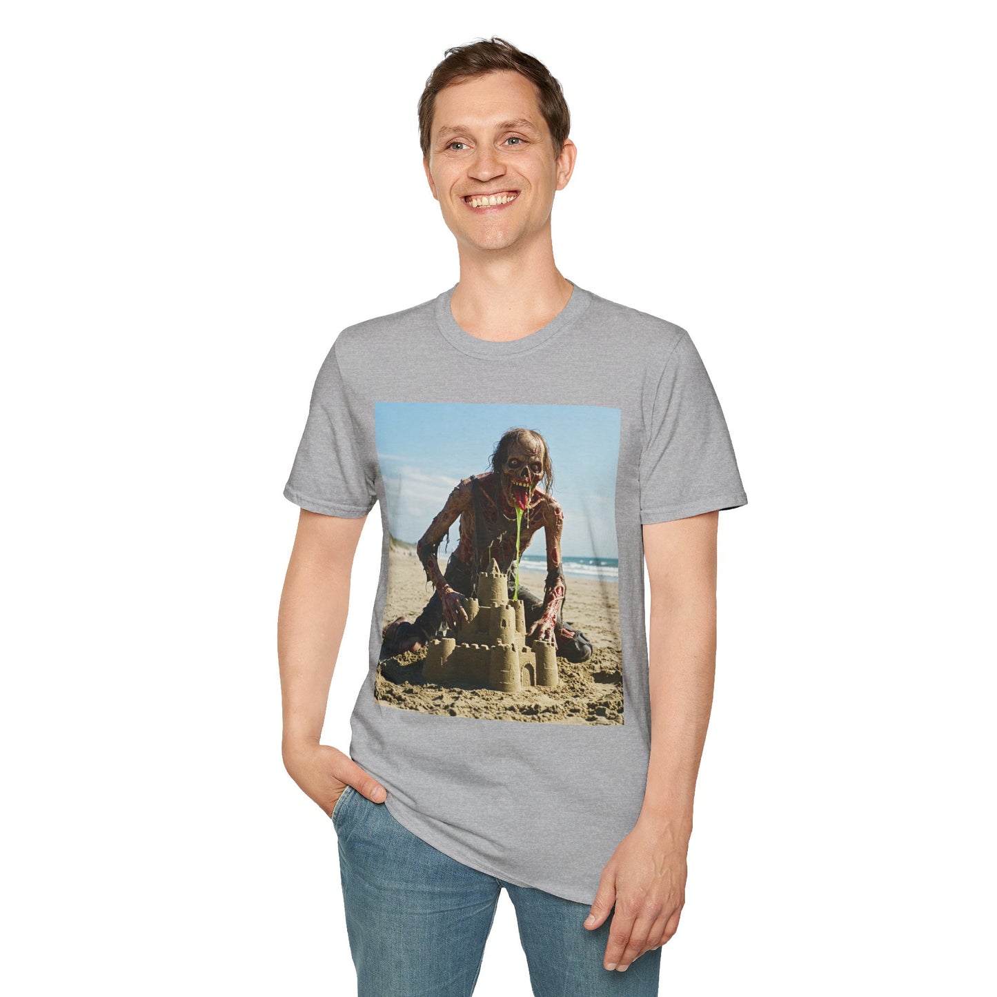 Zombie Sandcastle Unisex Softstyle T-Shirt | Fun Beach Horror Tee