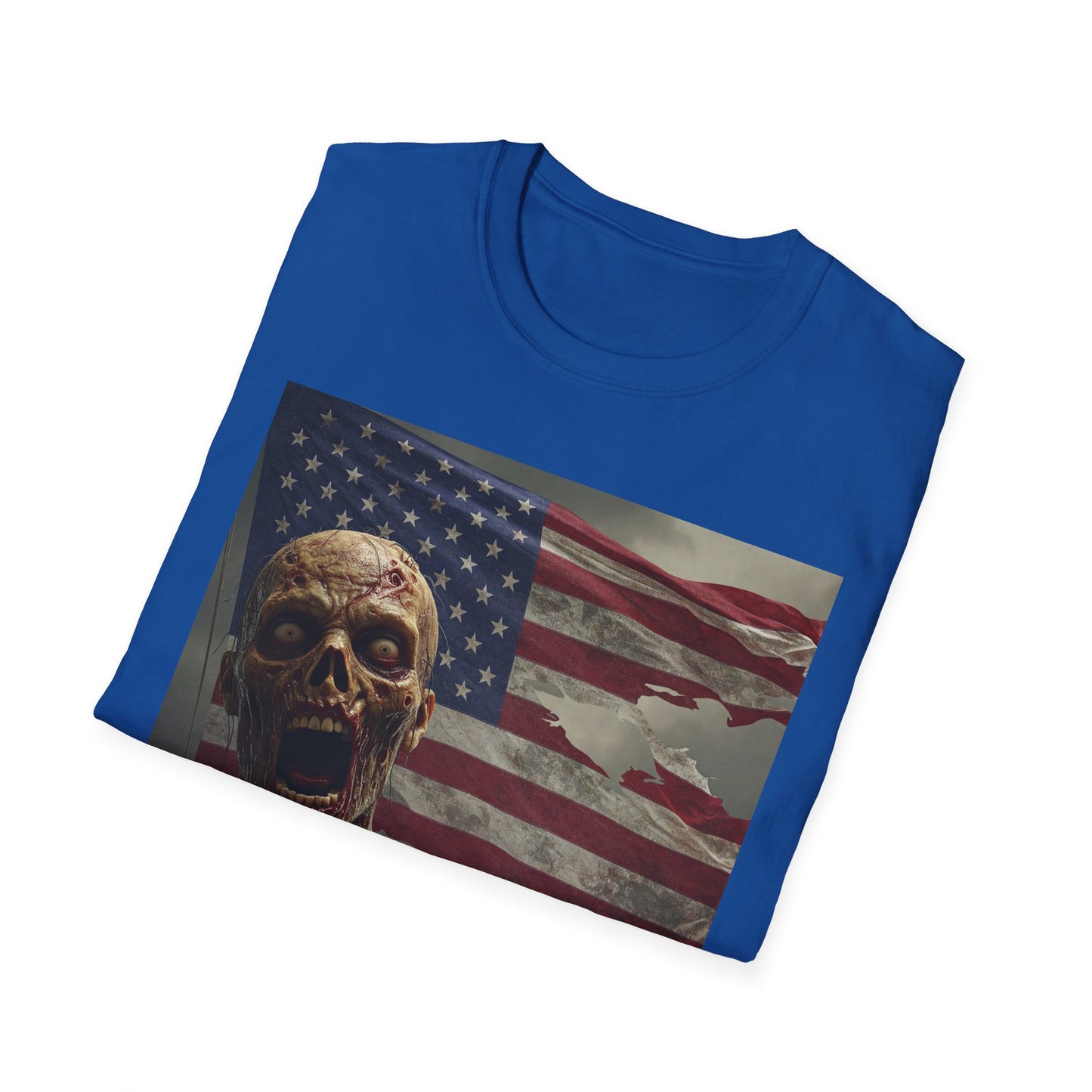 Zombie American Flag Apocalyptic Portrait Tee, bold, decaying zombie graphic