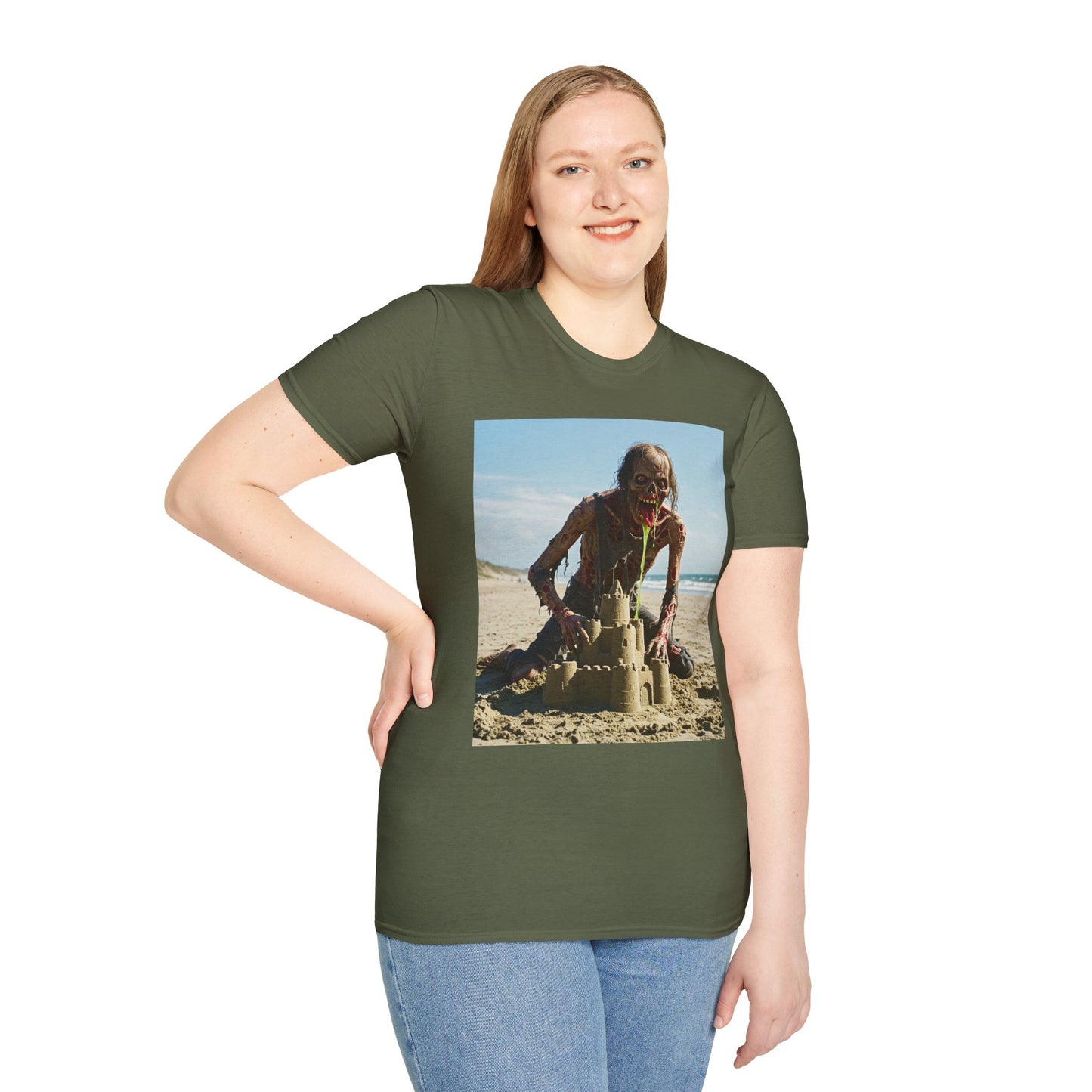 Zombie Sandcastle Unisex Softstyle T-Shirt | Fun Beach Horror Tee