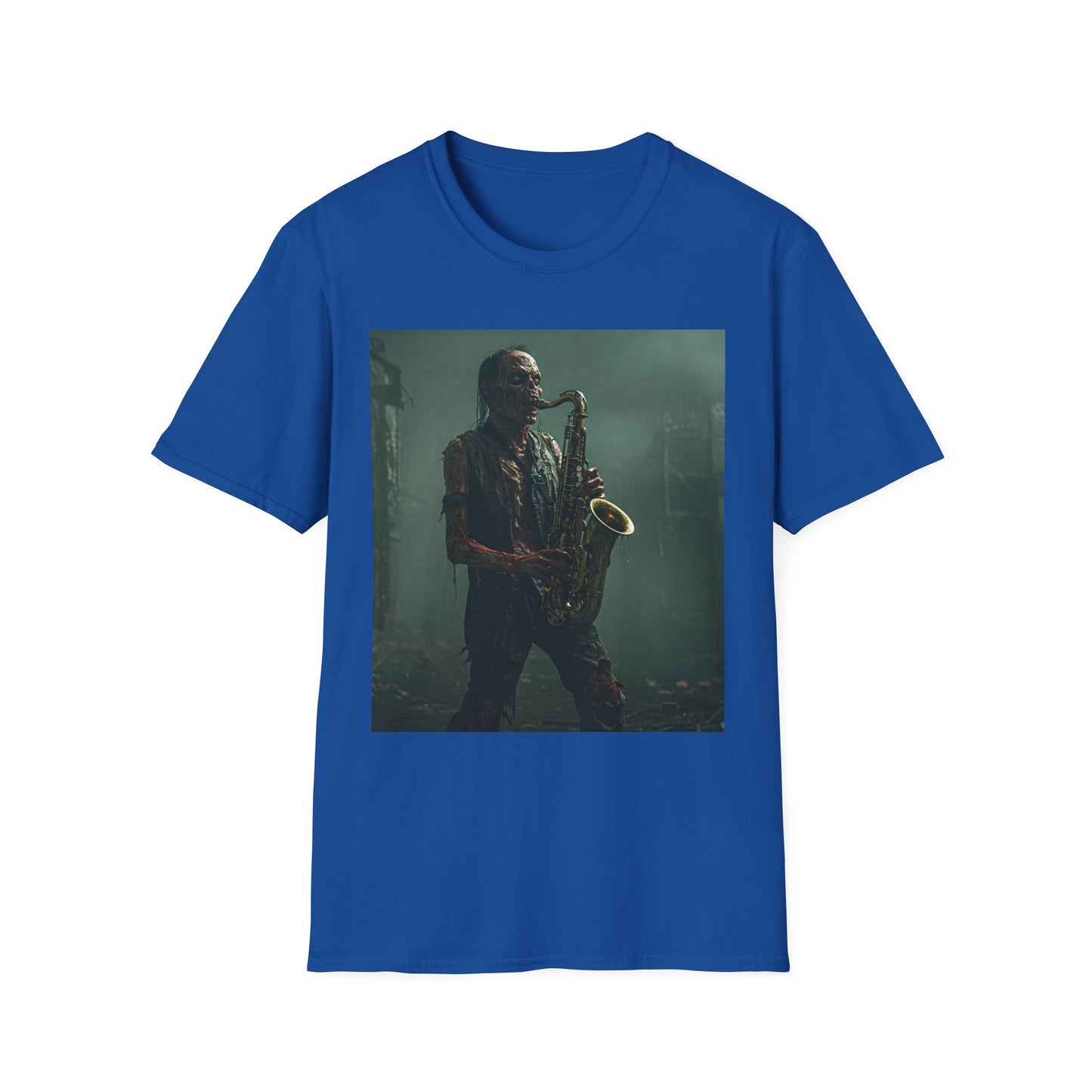 Zombie Jazz Musician Apocalyptic Portrait Tee, bold, decaying zombie graphic