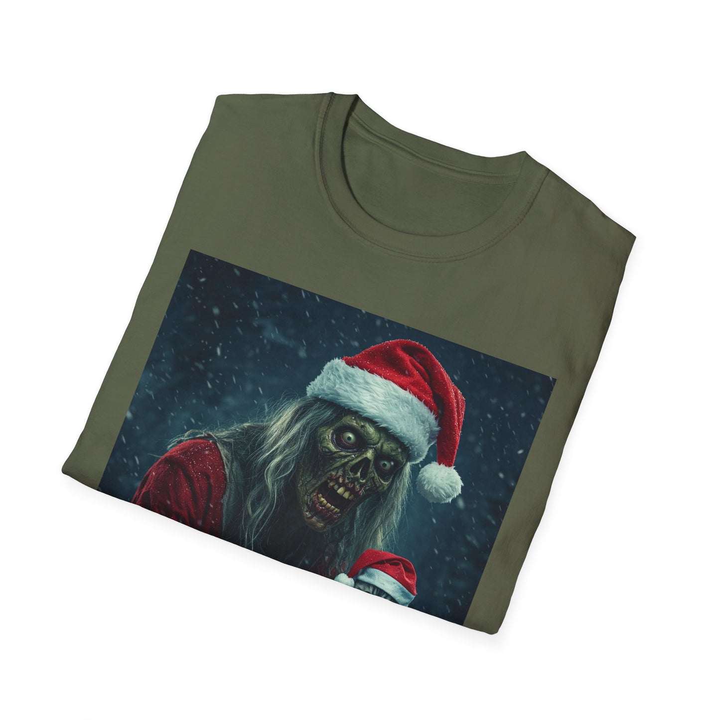 Festive Zombie Santa Apocalyptic Portrait Tee, bold, decaying zombie graphic