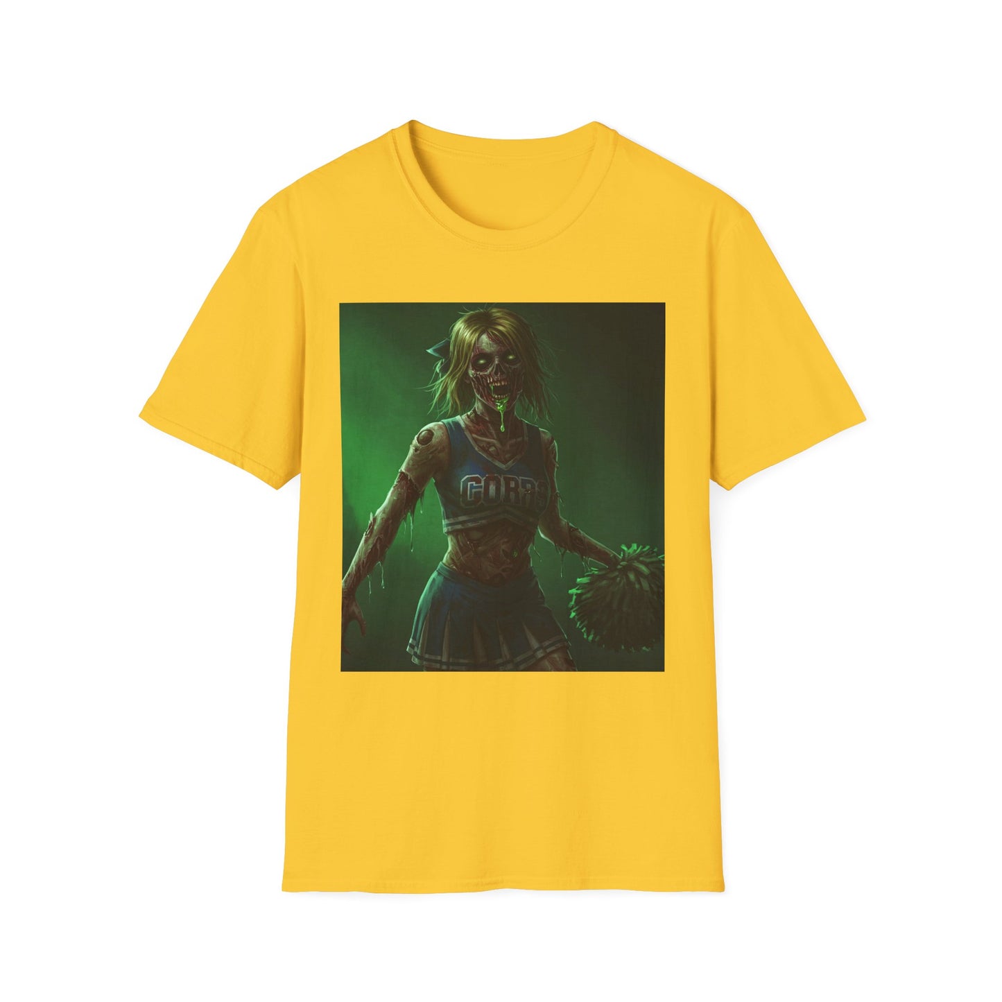 Zombie Cheerleader Apocalyptic Portrait Tee, bold, decaying zombie graphic