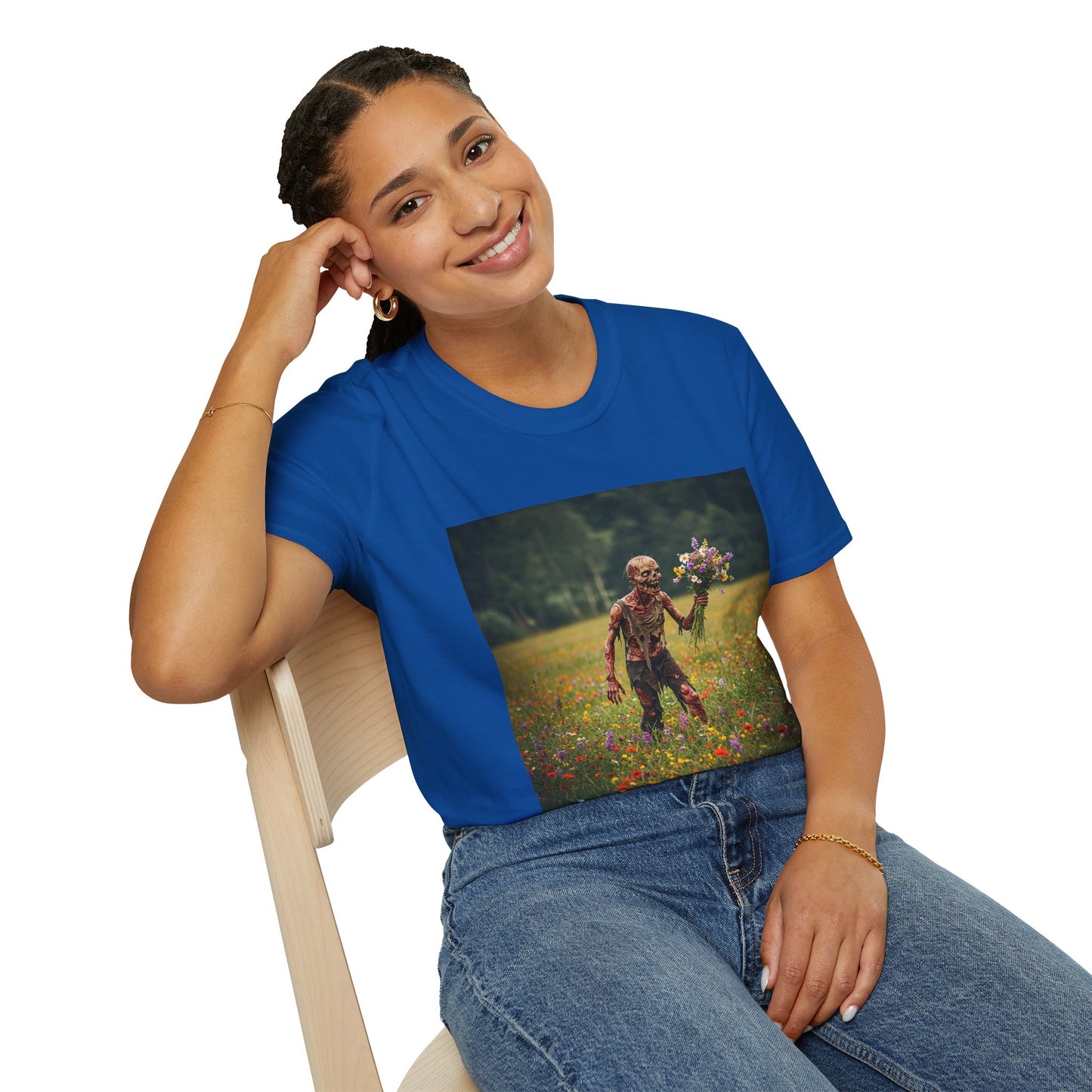 Zombie in Bloom Unisex Softstyle T-Shirt – Perfect for Halloween and Unique Gift Ideas