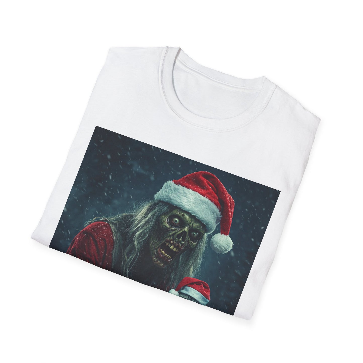 Festive Zombie Santa Apocalyptic Portrait Tee, bold, decaying zombie graphic