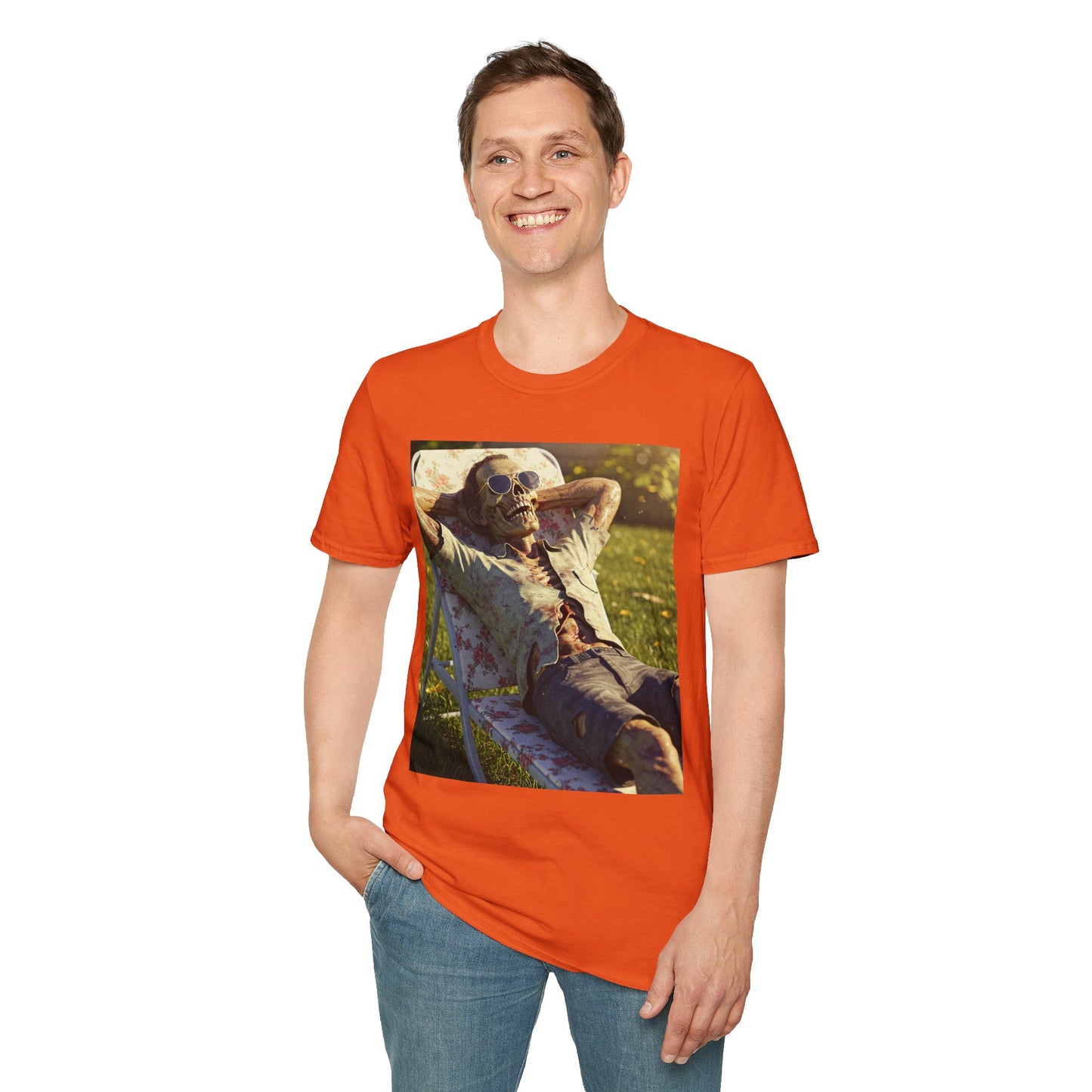 Relaxing Skeleton Unisex Softstyle T-Shirt - Perfect for Halloween and Everyday Wear