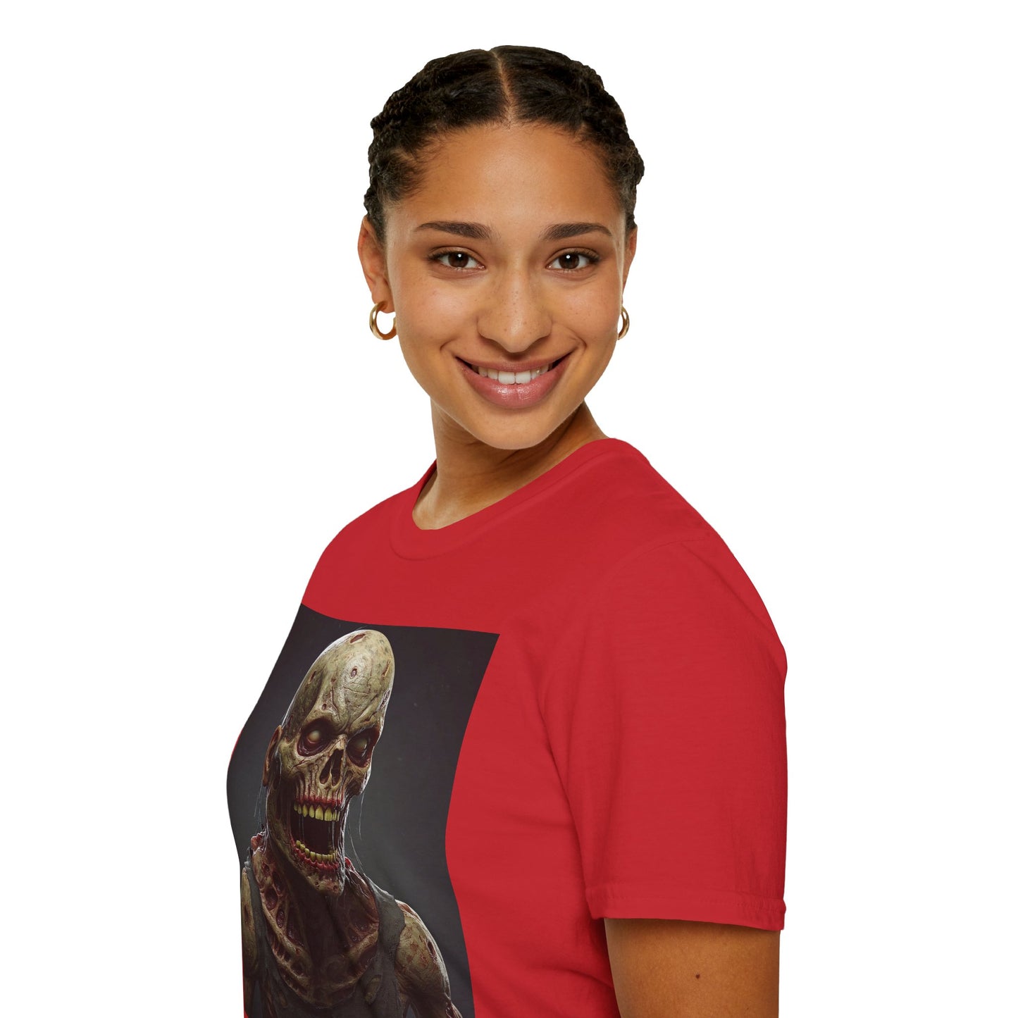 Unisex Softstyle T-Shirt with Creepy Zombie Graphic - Perfect for Halloween and Horror Fans