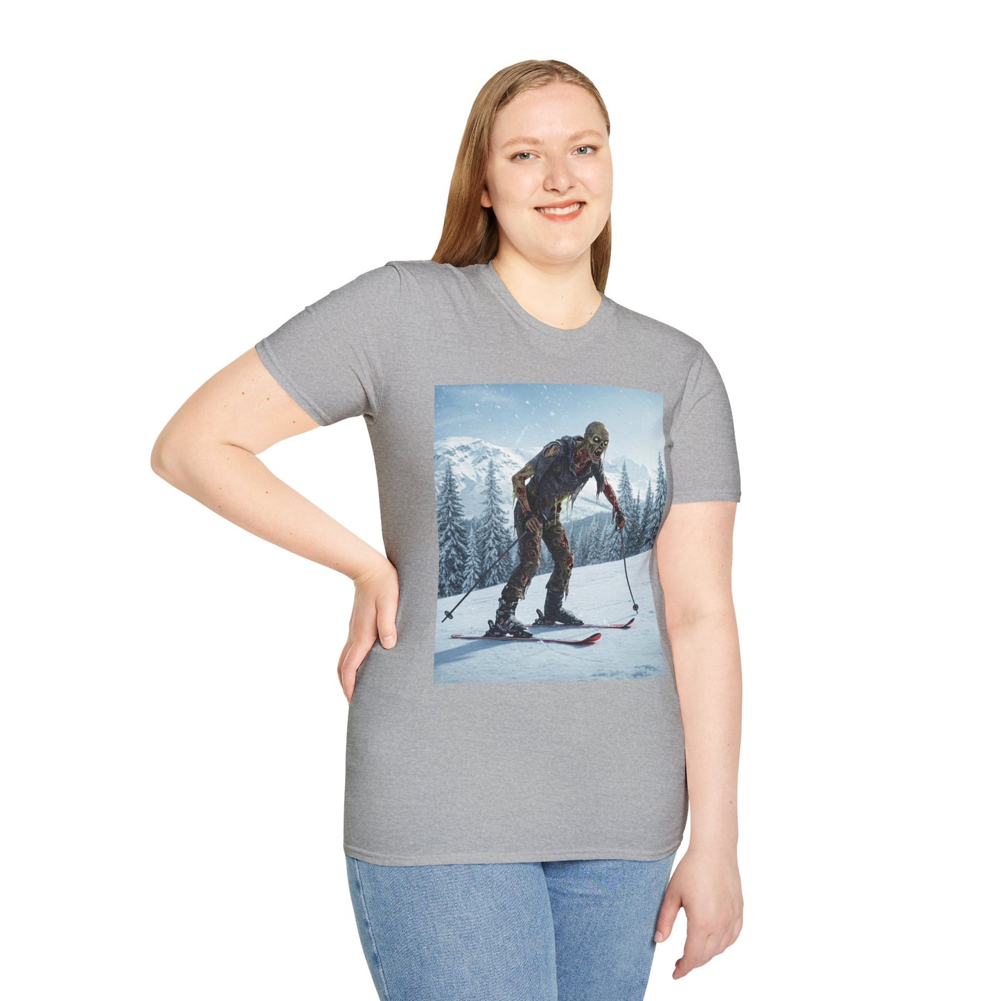 Skiing Zombie Unisex Softstyle T-Shirt - Perfect for Winter Fun & Halloween Enthusiasts