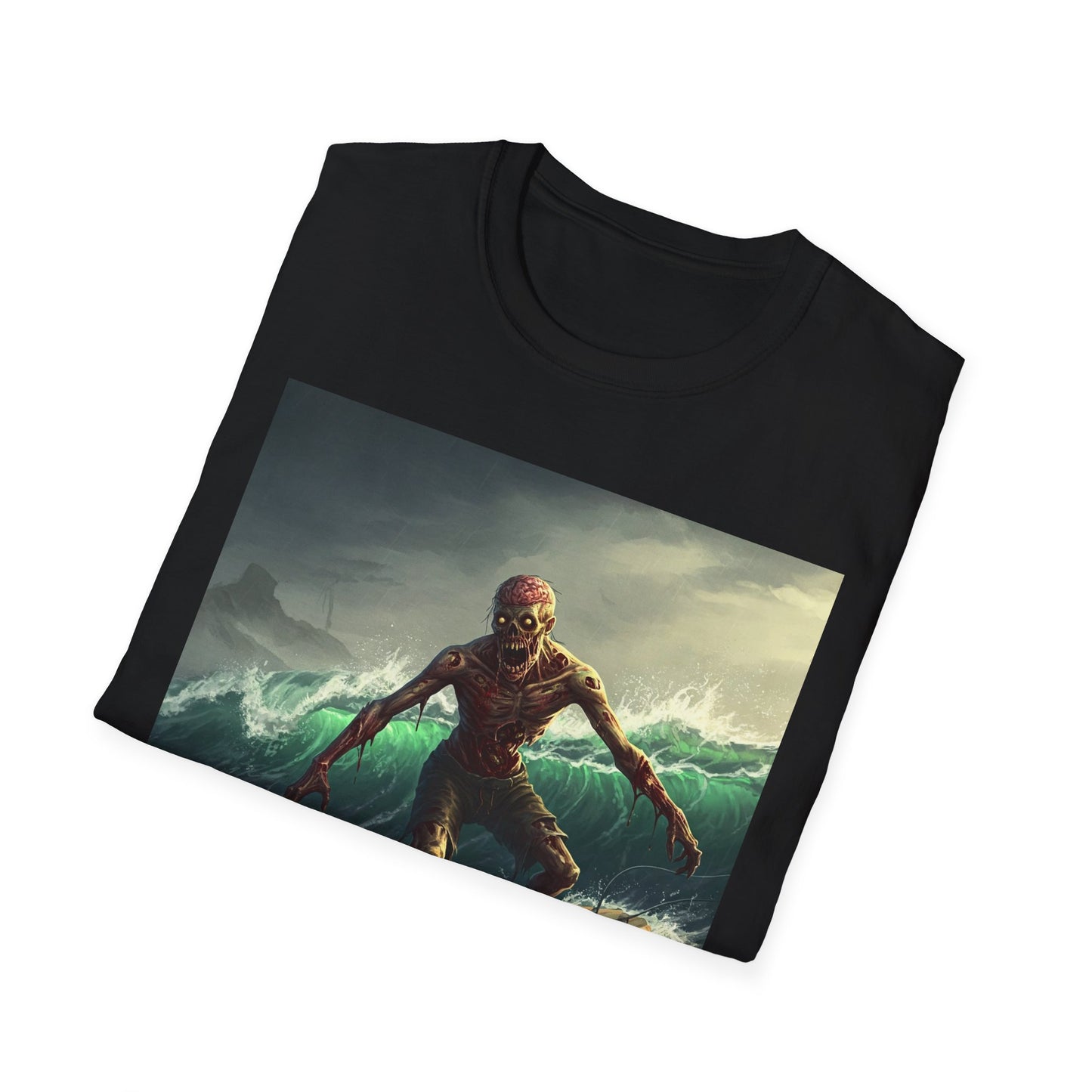 Zombie Surfer Apocalyptic Portrait Tee, bold, decaying zombie graphic