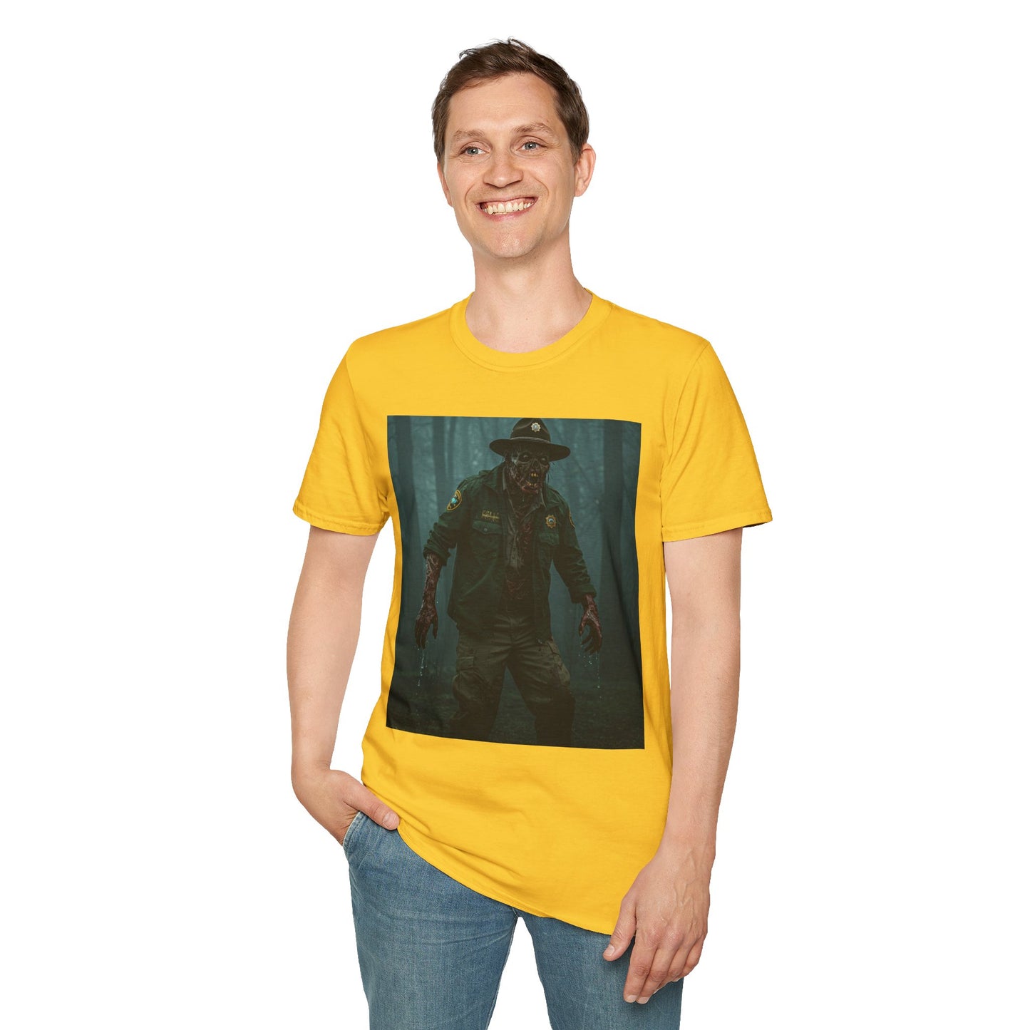 Creepy Forest Ranger Unisex Softstyle T-Shirt - Perfect for Halloween & Horror Fans