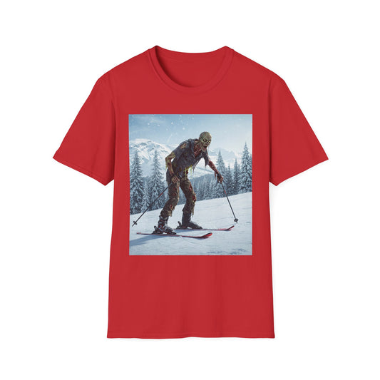 Skiing Zombie Unisex Softstyle T-Shirt - Perfect for Winter Fun & Halloween Enthusiasts