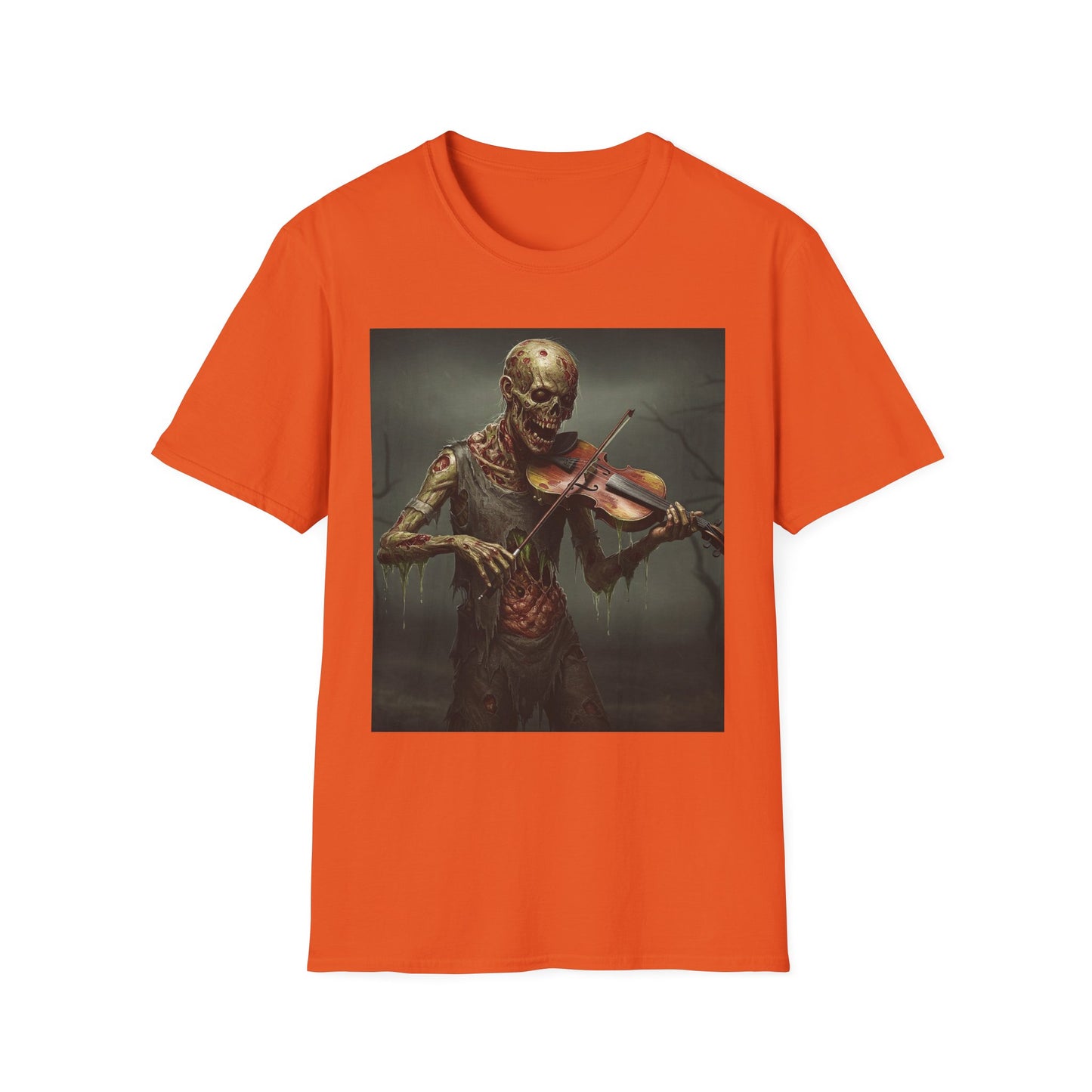 Spooky Zombie Violinist Apocalyptic Portrait Tee, bold, decaying zombie graphic