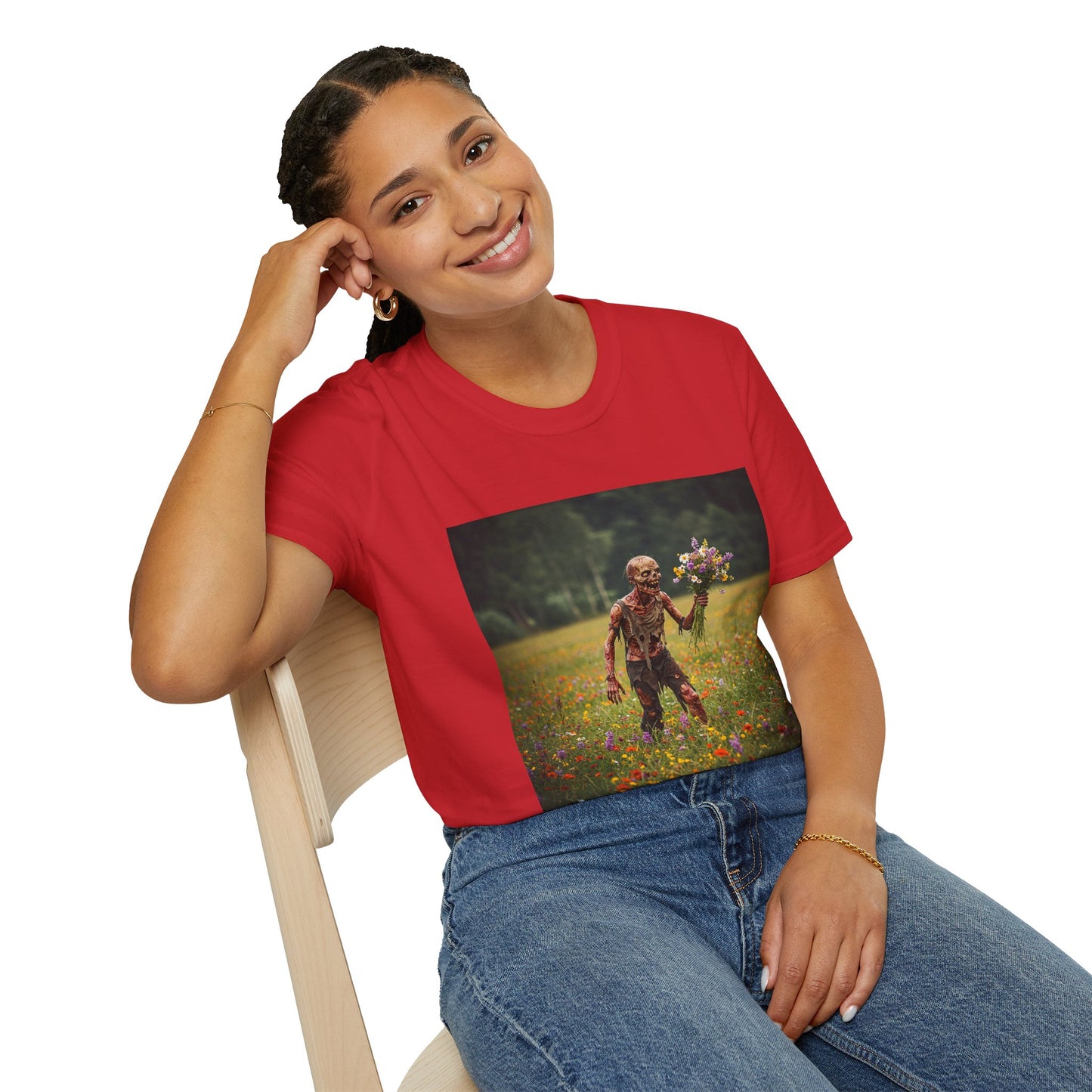 Zombie in Bloom Unisex Softstyle T-Shirt – Perfect for Halloween and Unique Gift Ideas