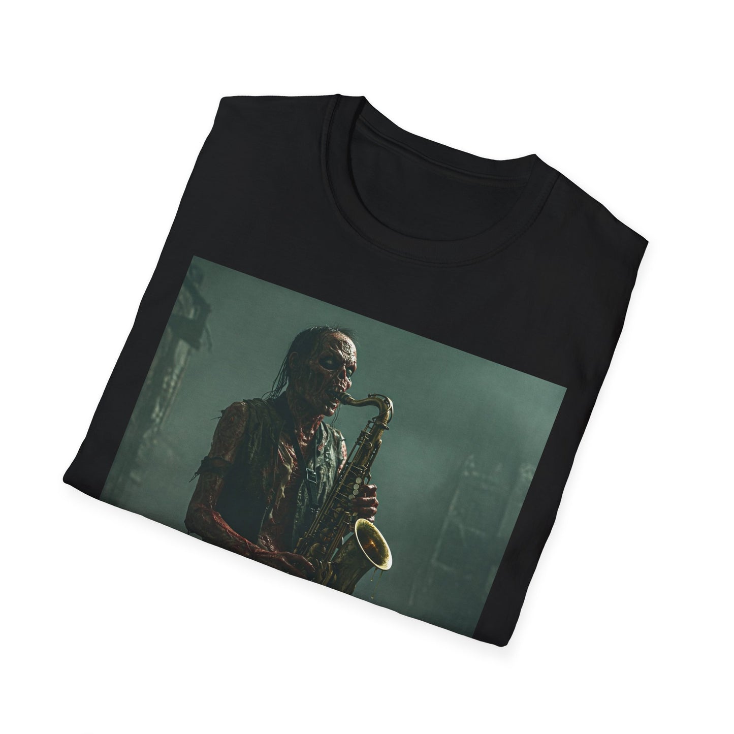 Zombie Jazz Musician Apocalyptic Portrait Tee, bold, decaying zombie graphic