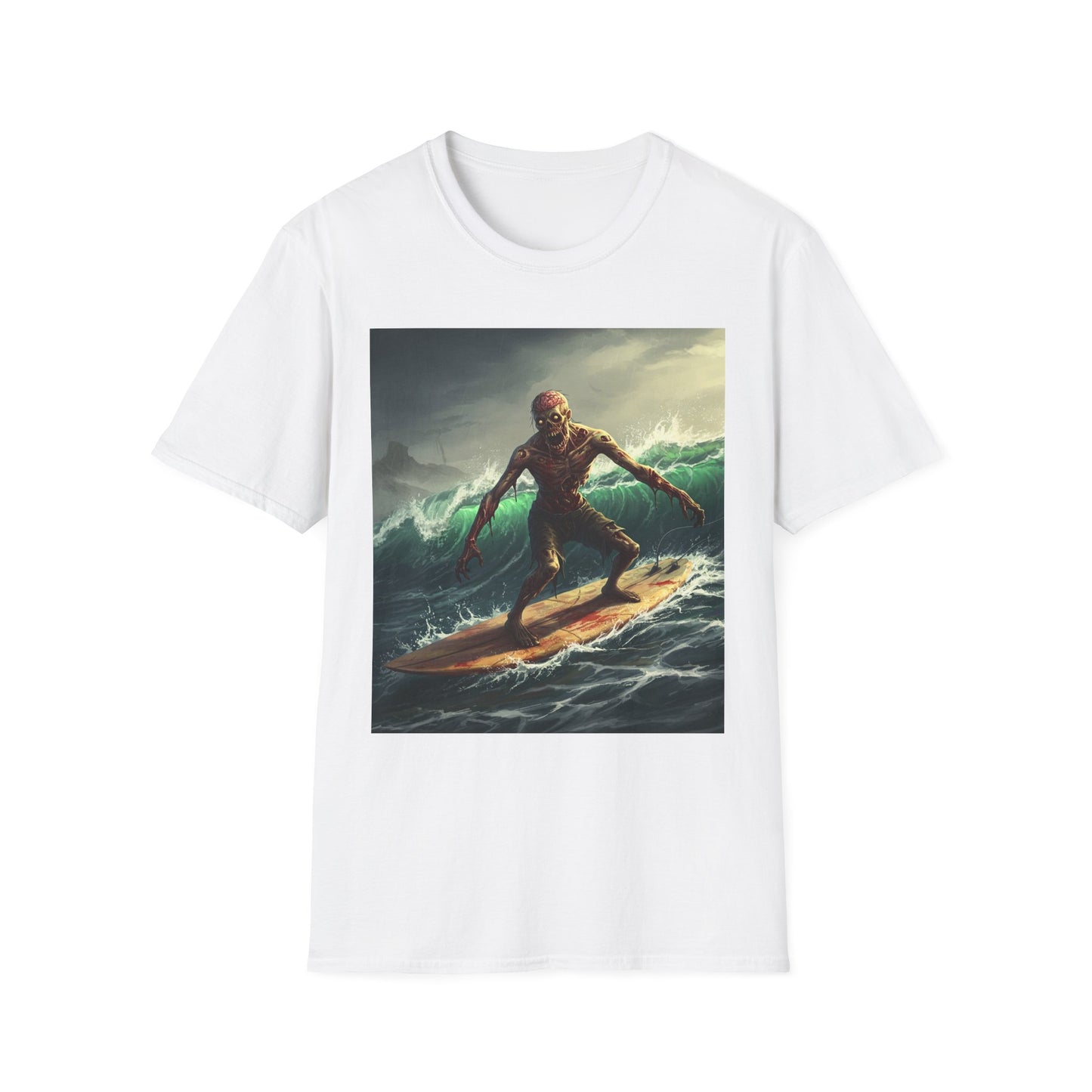 Zombie Surfer Apocalyptic Portrait Tee, bold, decaying zombie graphic