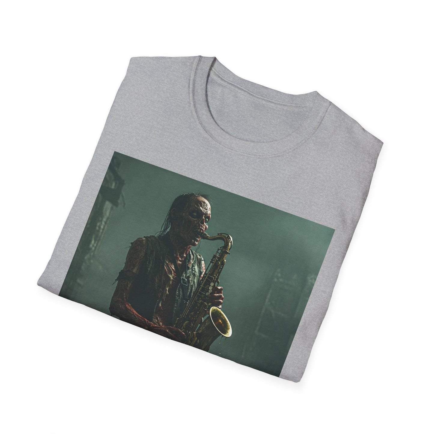 Zombie Jazz Musician Apocalyptic Portrait Tee, bold, decaying zombie graphic