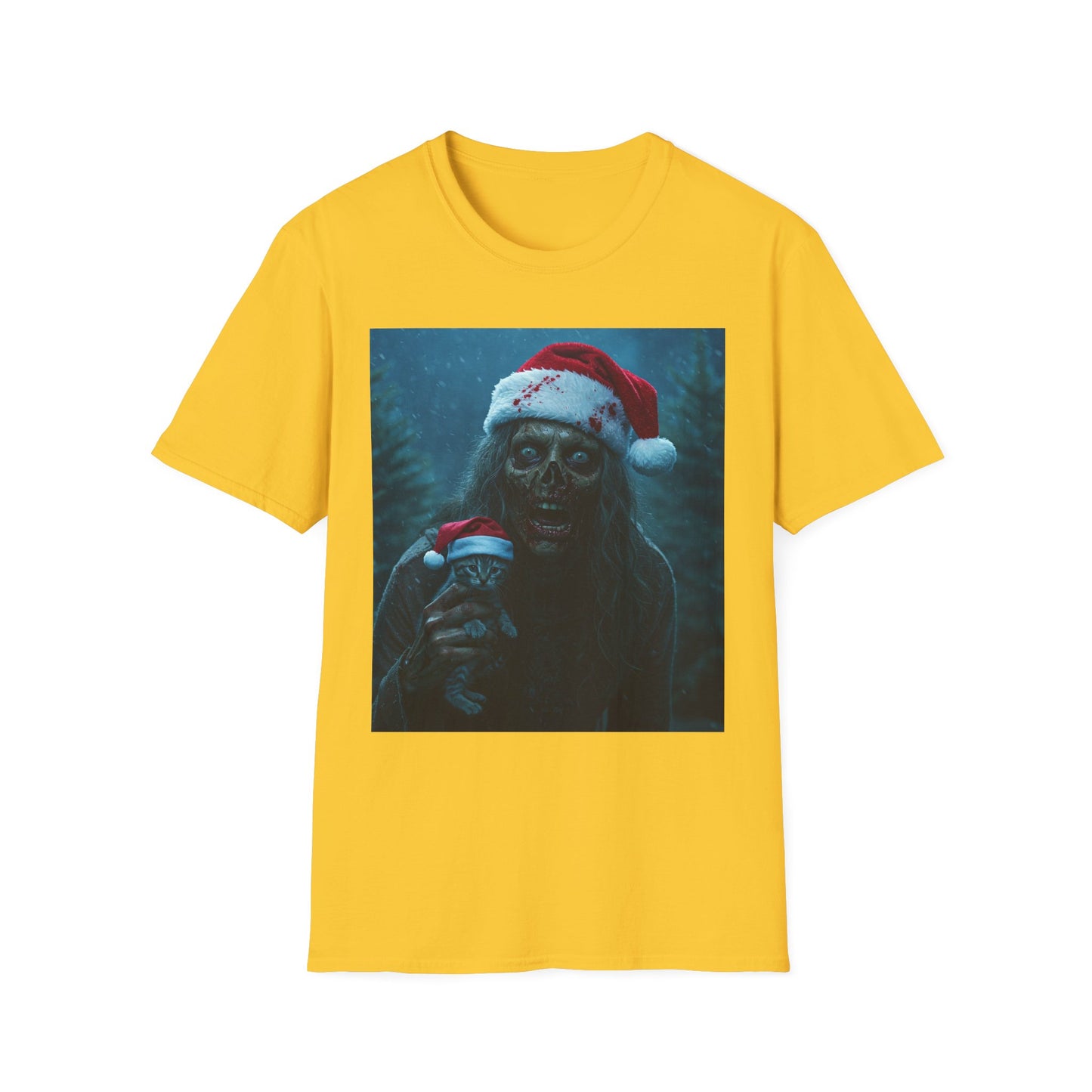 Spooky Christmas Apocalyptic Portrait Tee, bold, decaying zombie graphic cat