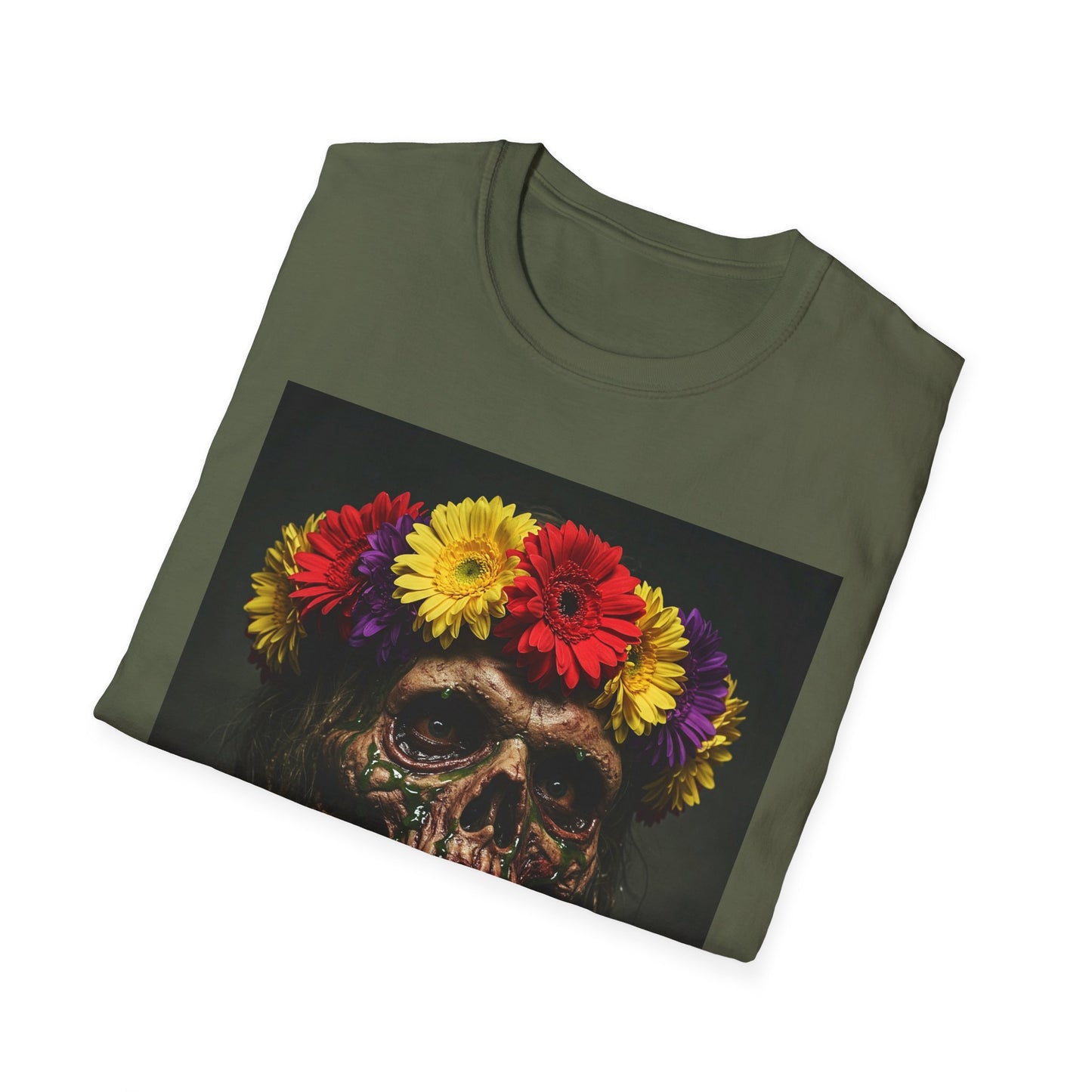 Day of the Dead Floral Skull Apocalyptic Portrait Tee, bold, decaying zombie graphic