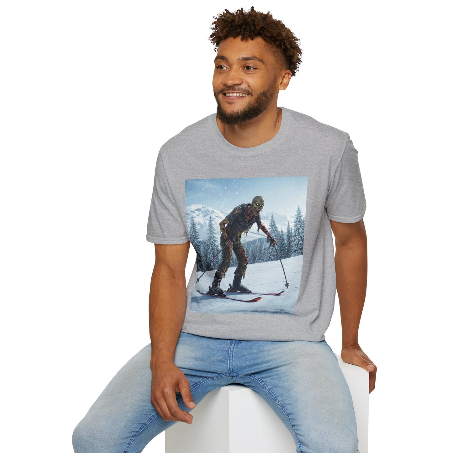 Skiing Zombie Unisex Softstyle T-Shirt - Perfect for Winter Fun & Halloween Enthusiasts