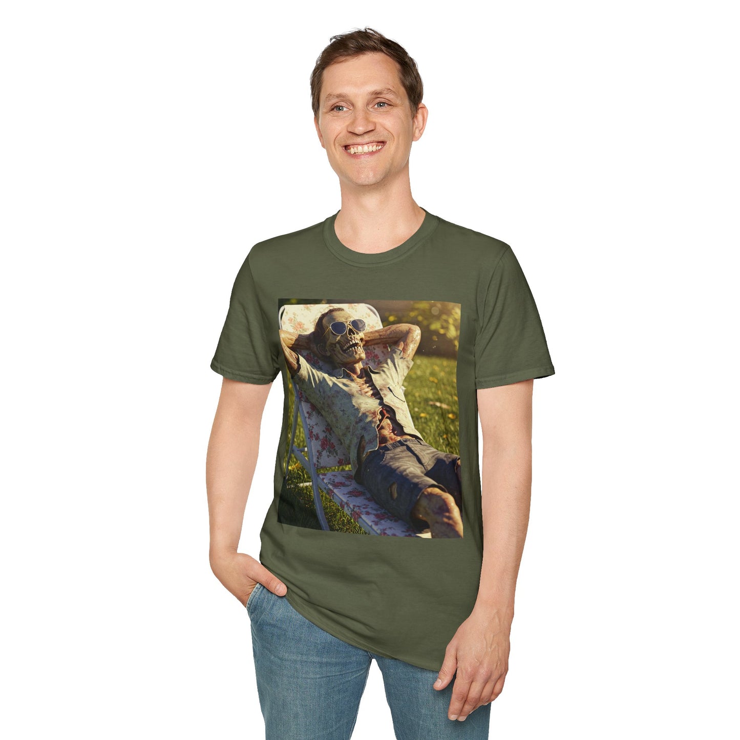 Relaxing Skeleton Unisex Softstyle T-Shirt - Perfect for Halloween and Everyday Wear