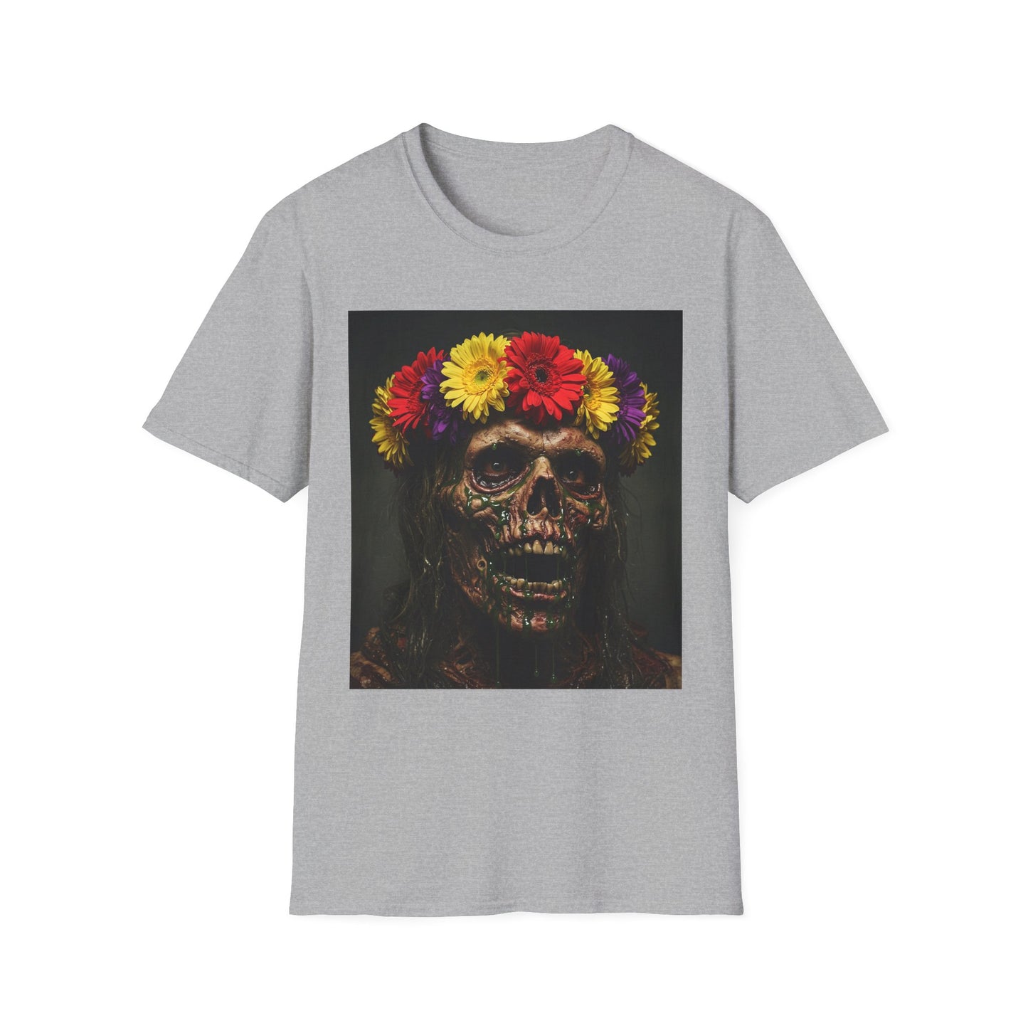 Day of the Dead Floral Skull Apocalyptic Portrait Tee, bold, decaying zombie graphic