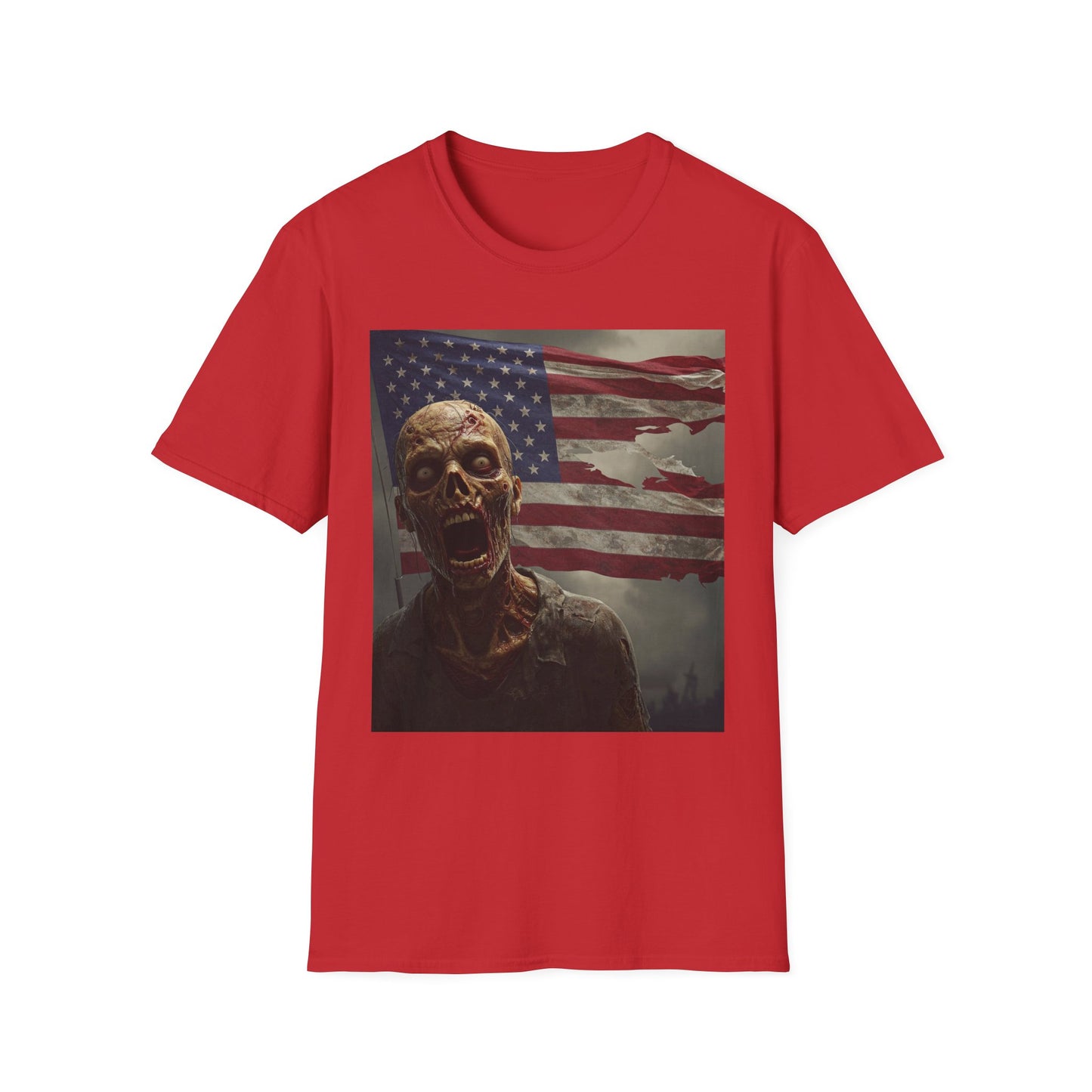 Zombie American Flag Apocalyptic Portrait Tee, bold, decaying zombie graphic