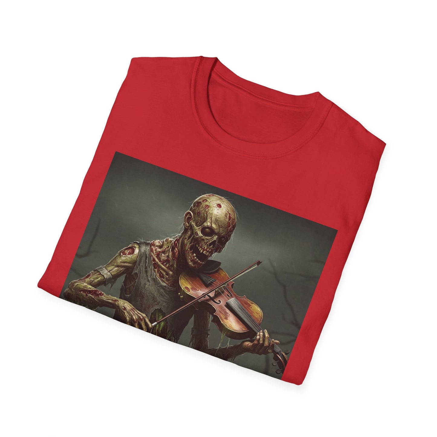 Spooky Zombie Violinist Apocalyptic Portrait Tee, bold, decaying zombie graphic