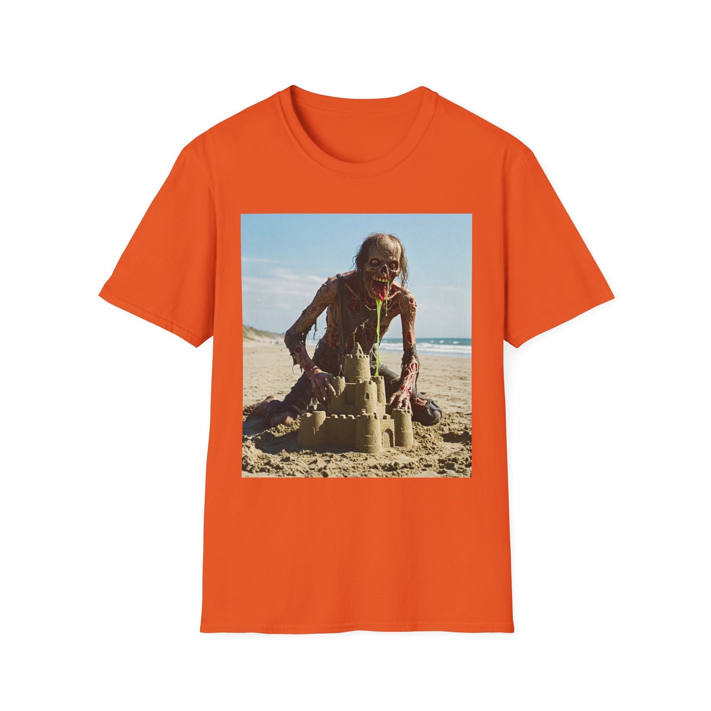 Zombie Sandcastle Unisex Softstyle T-Shirt | Fun Beach Horror Tee