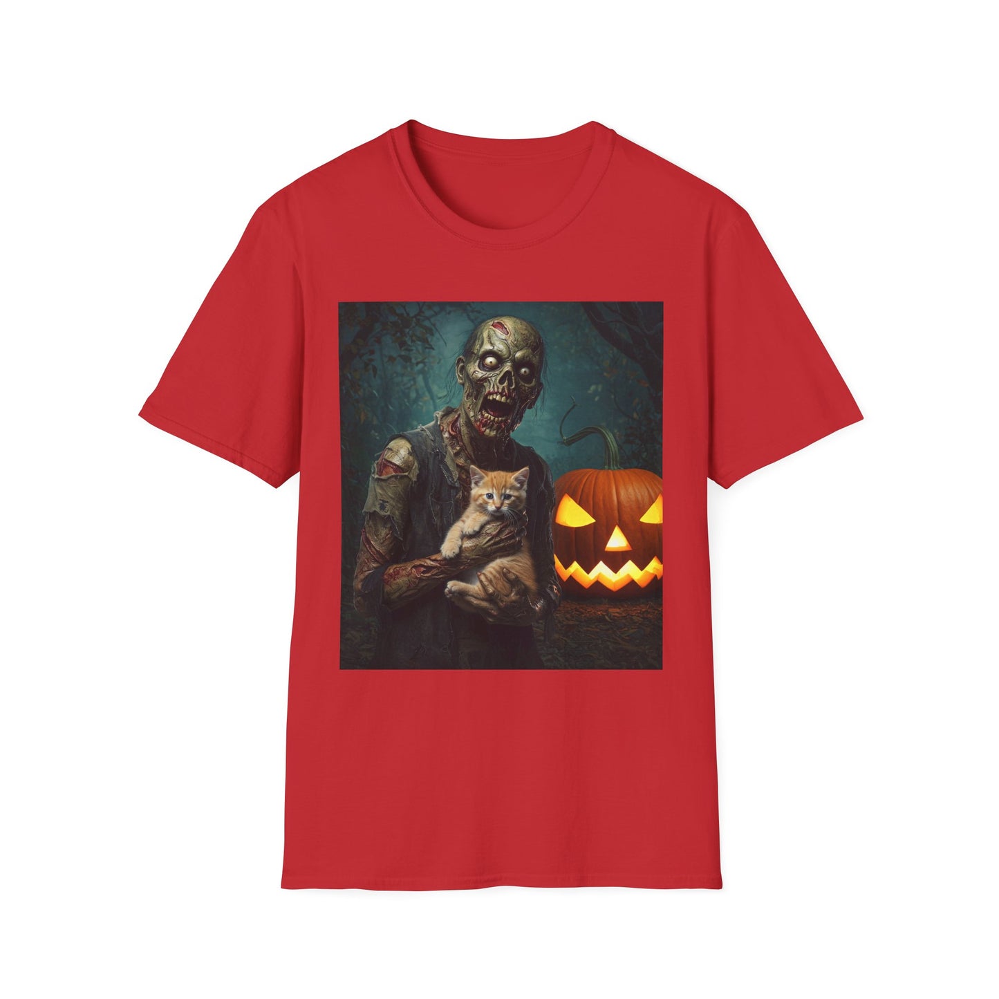 Spooky Cat and Zombie Unisex Softstyle T-Shirt for Halloween