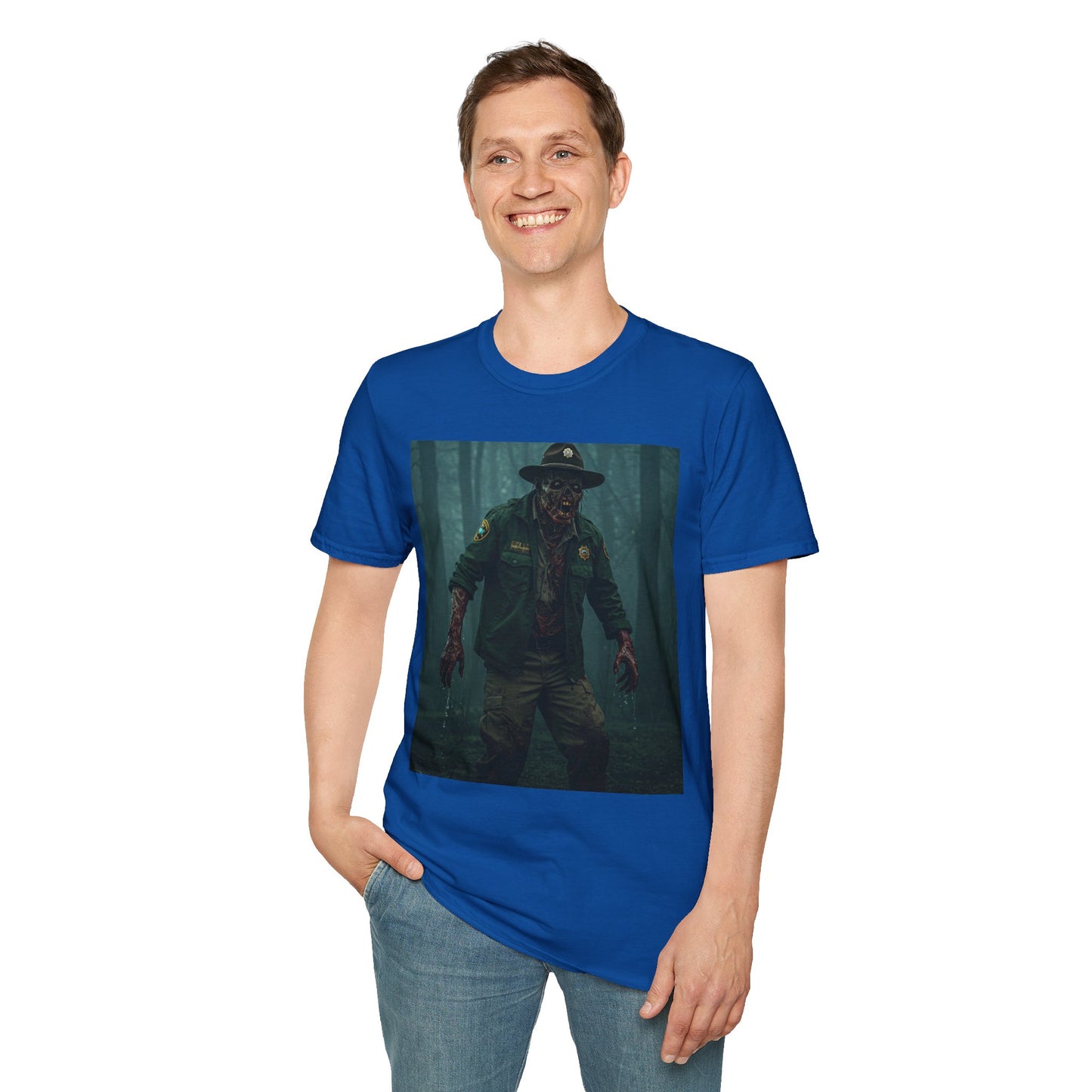 Creepy Forest Ranger Unisex Softstyle T-Shirt - Perfect for Halloween & Horror Fans