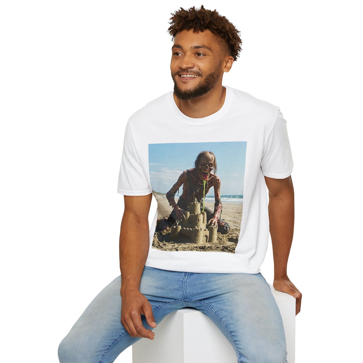 Zombie Sandcastle Unisex Softstyle T-Shirt | Fun Beach Horror Tee