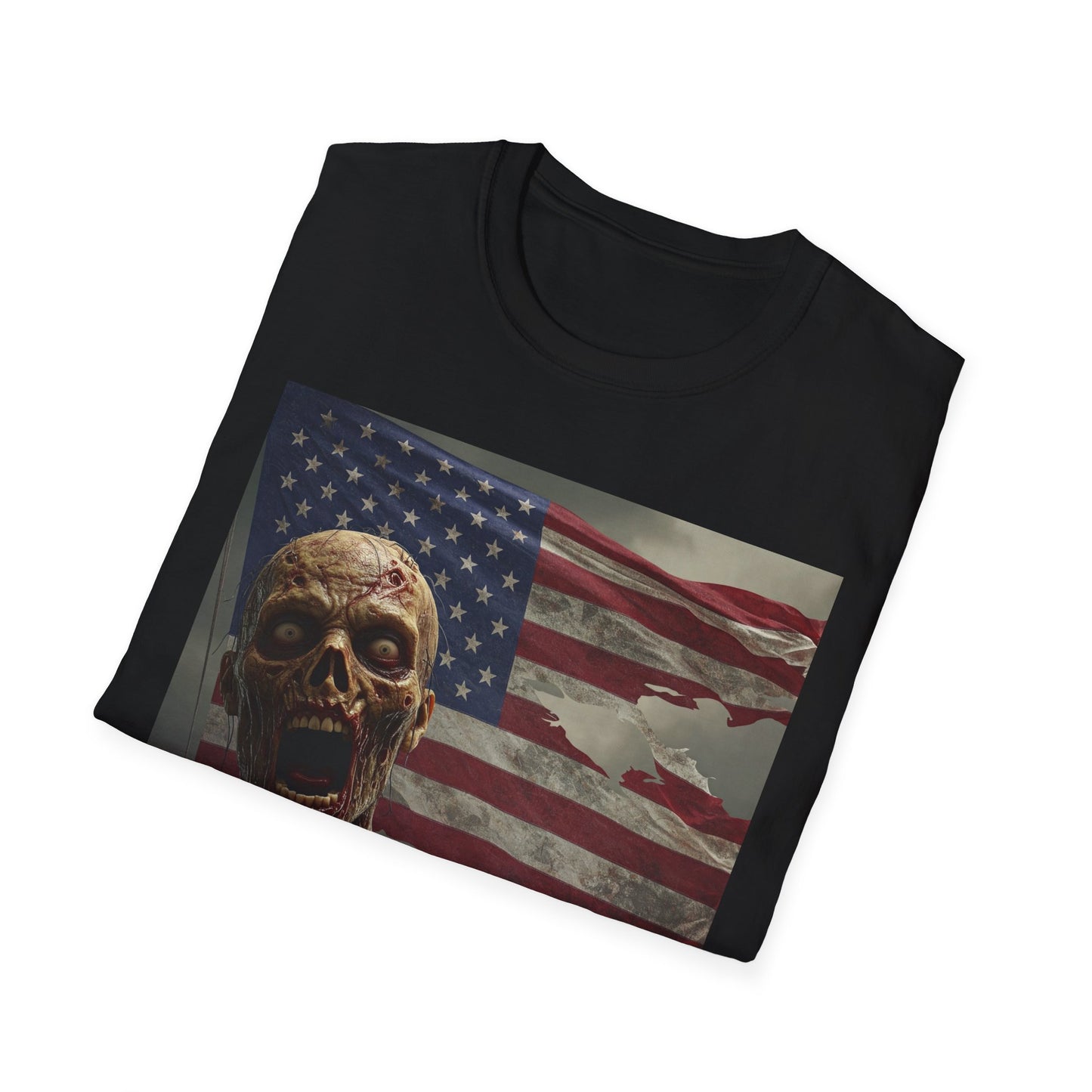 Zombie American Flag Apocalyptic Portrait Tee, bold, decaying zombie graphic