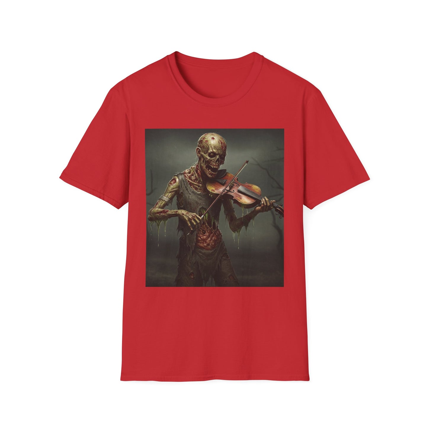 Spooky Zombie Violinist Apocalyptic Portrait Tee, bold, decaying zombie graphic