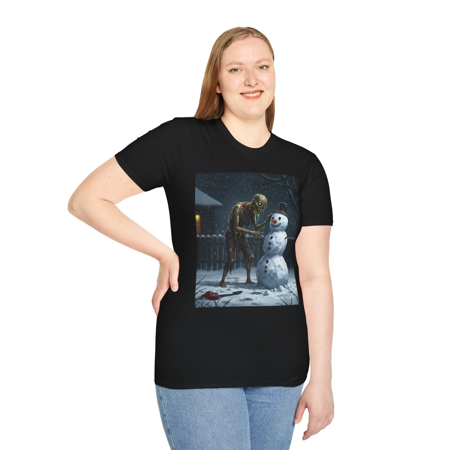 Merry Horror Unisex Softstyle T-Shirt - Creepy Snowman Design