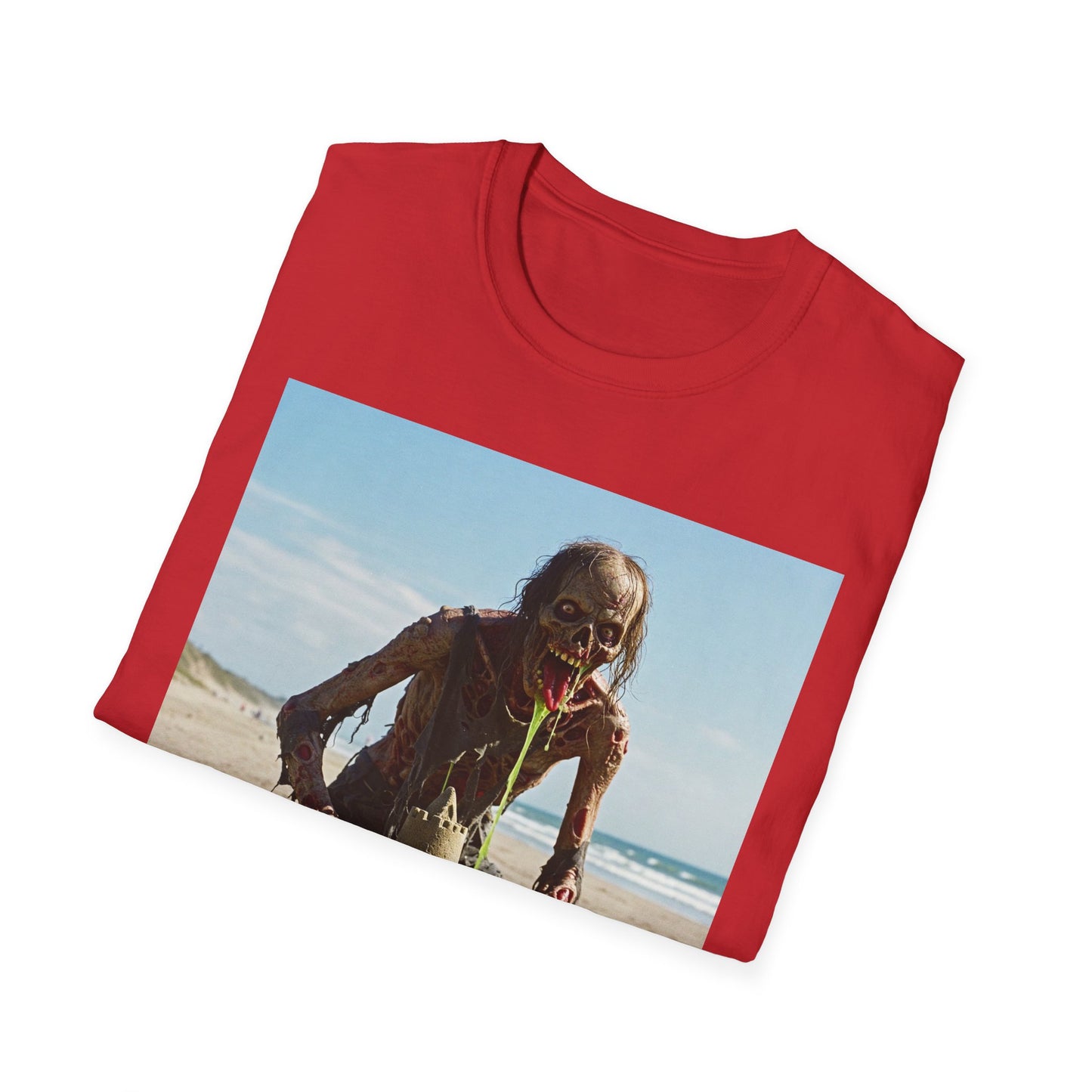 Zombie Sandcastle Unisex Softstyle T-Shirt | Fun Beach Horror Tee