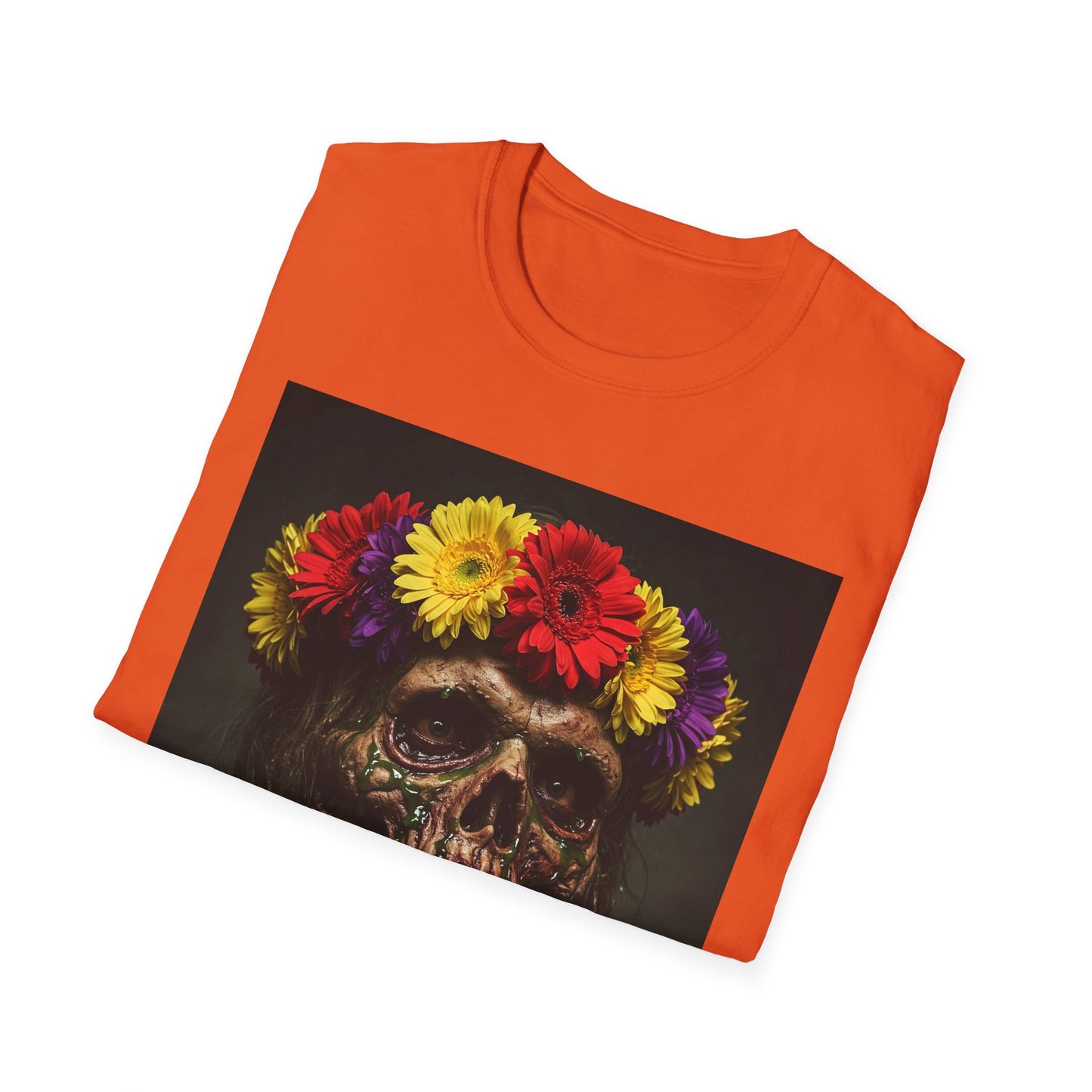 Day of the Dead Floral Skull Apocalyptic Portrait Tee, bold, decaying zombie graphic