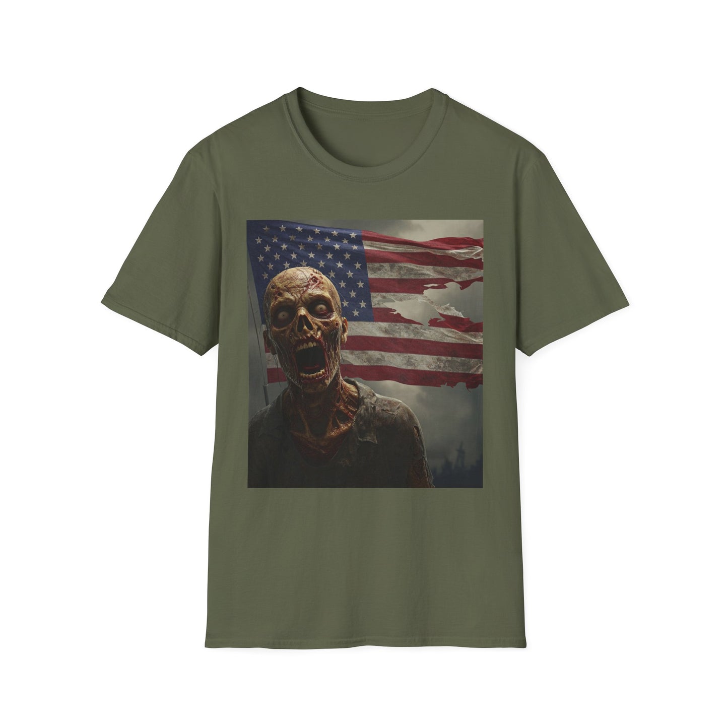 Zombie American Flag Apocalyptic Portrait Tee, bold, decaying zombie graphic