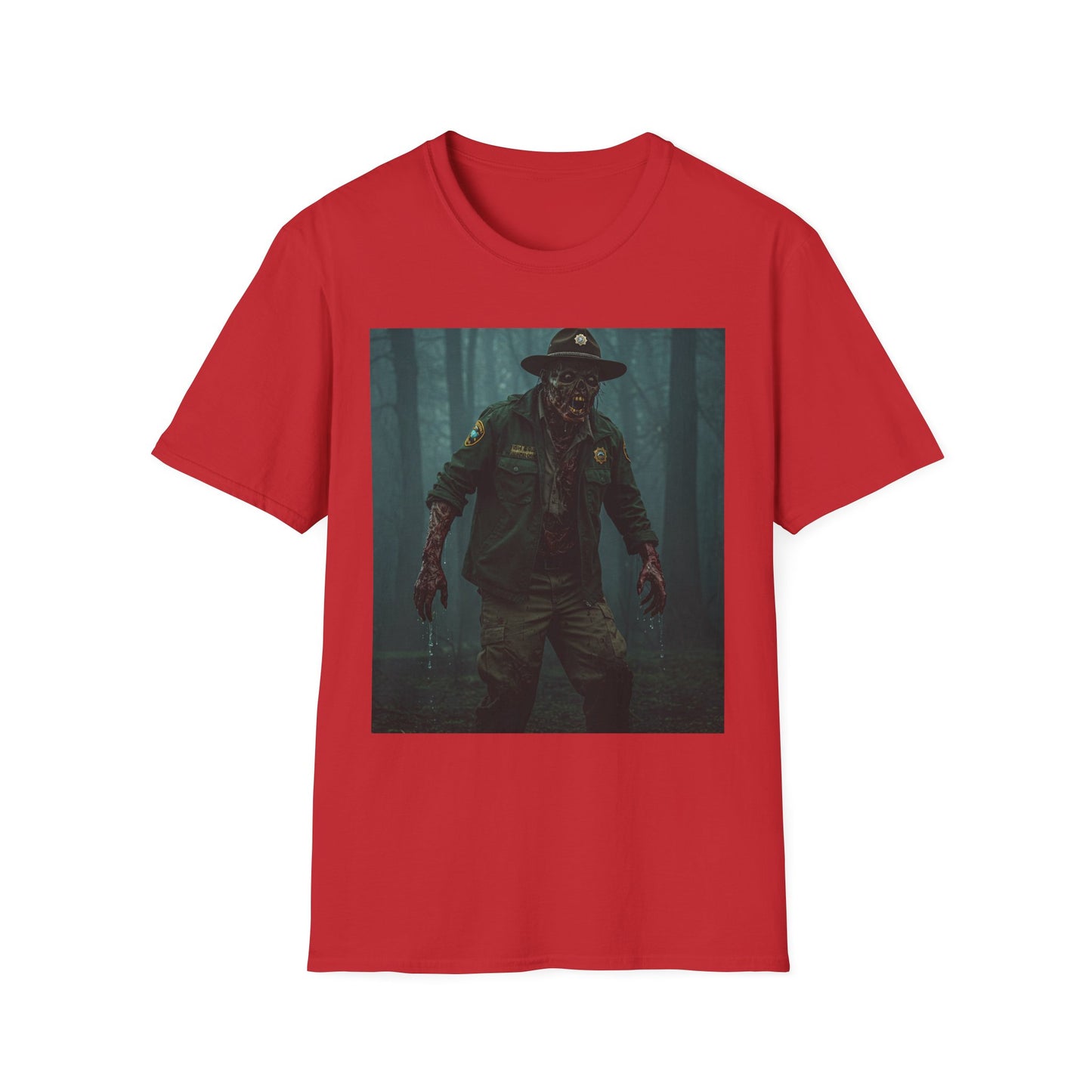 Creepy Forest Ranger Unisex Softstyle T-Shirt - Perfect for Halloween & Horror Fans